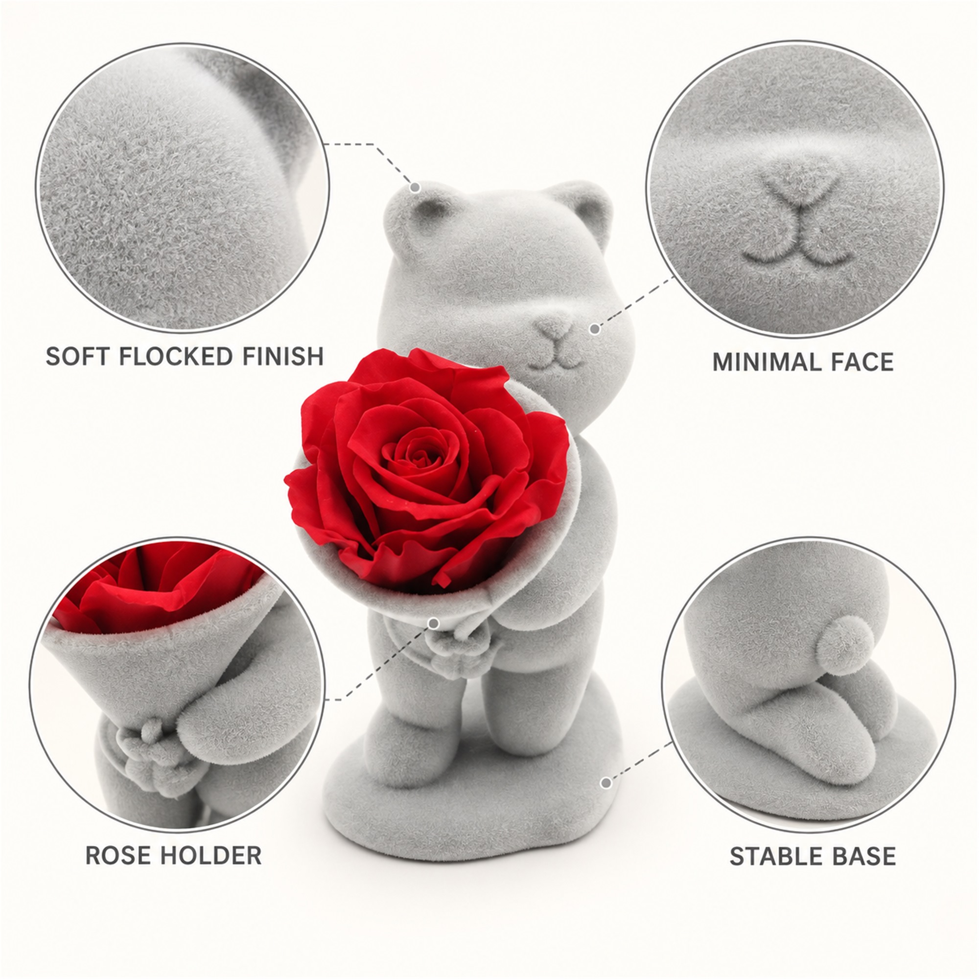 Gray Flocked Kneeling Teddy Bear Gift Figurine With One Red Preserved-Style Rose Jewelry Box product construction details