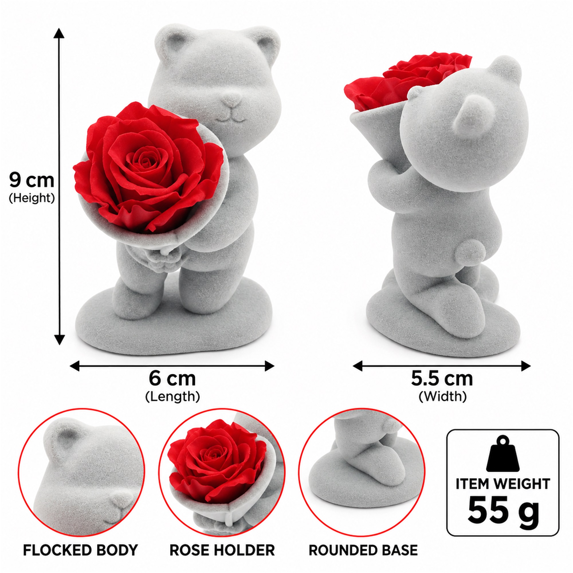 Gray Flocked Kneeling Teddy Bear Gift Figurine With One Red Preserved-Style Rose Jewelry Box size and structure