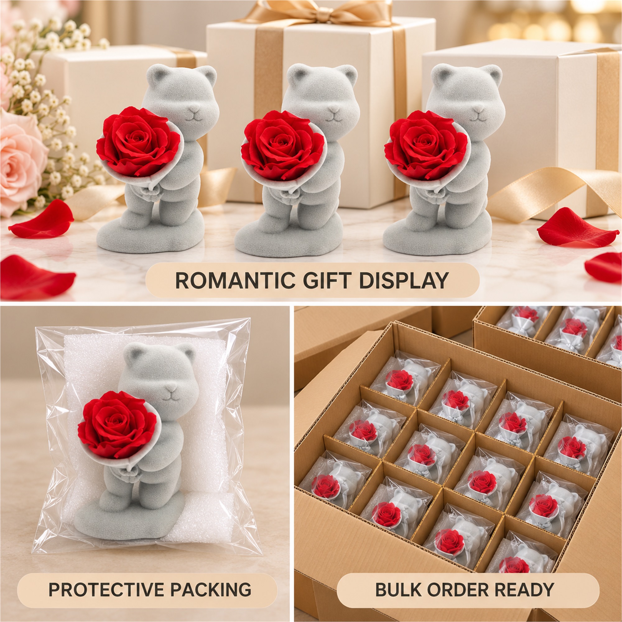 Gray Flocked Kneeling Teddy Bear Gift Figurine With One Red Preserved-Style Rose Jewelry Box additional product views