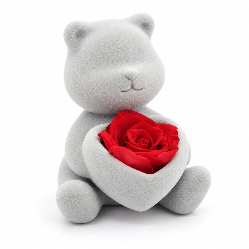 Gray Flocked Seated Teddy Bear Gift Figurine With Heart-Shaped Rose Holder Jewelry Box front product view