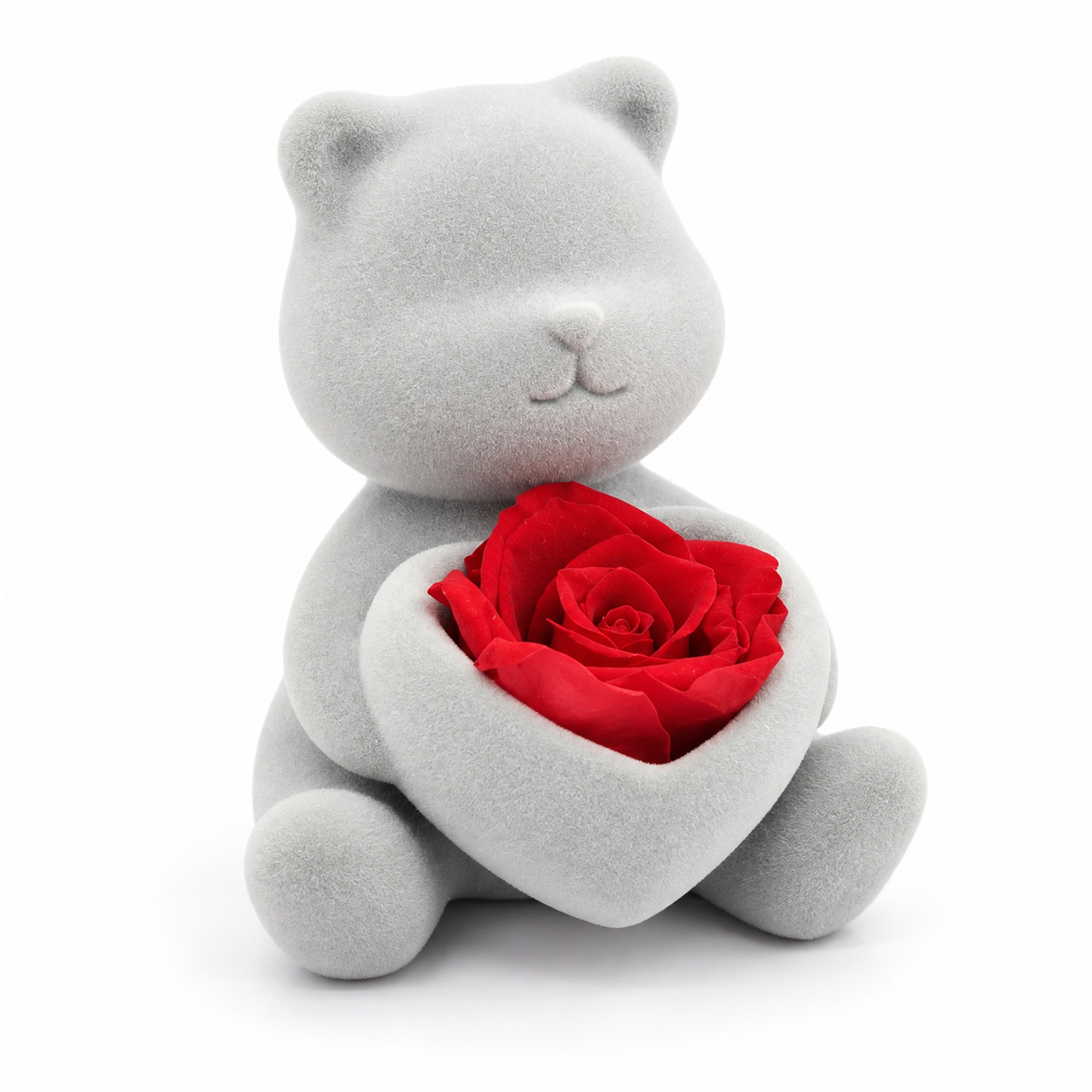 Gray Flocked Seated Teddy Bear Gift Figurine With Heart-Shaped Rose Holder Jewelry Box front product view