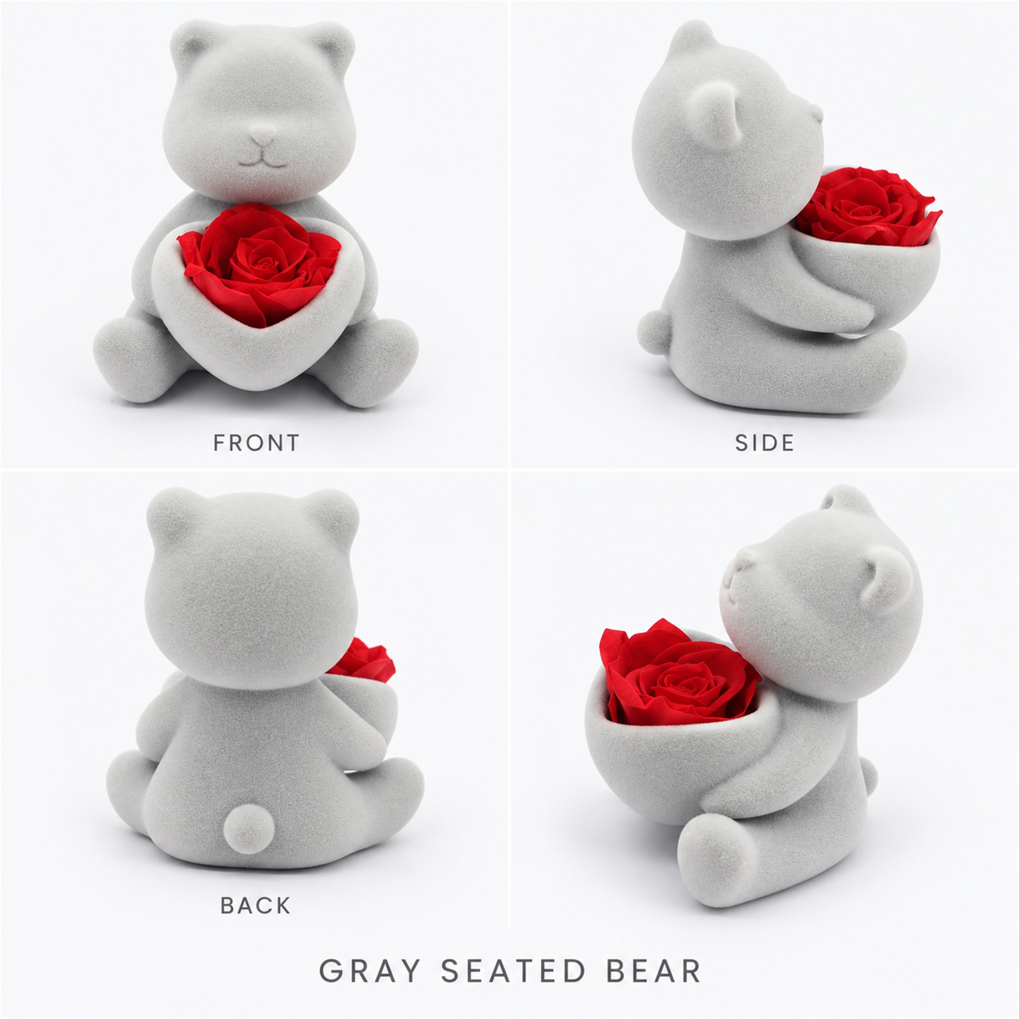 Gray Flocked Seated Teddy Bear Gift Figurine With Heart-Shaped Rose Holder Jewelry Box available styles and colors