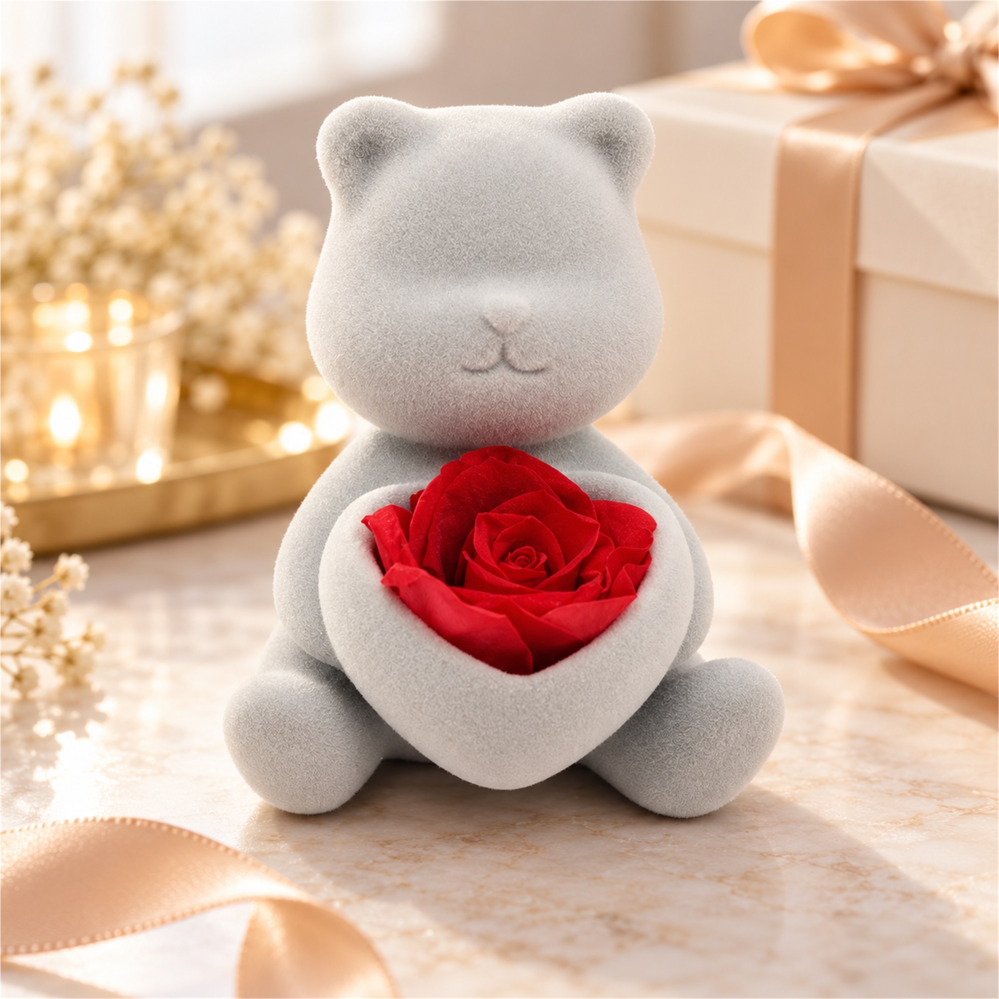 Gray Flocked Seated Teddy Bear Gift Figurine With Heart-Shaped Rose Holder Jewelry Box lifestyle application
