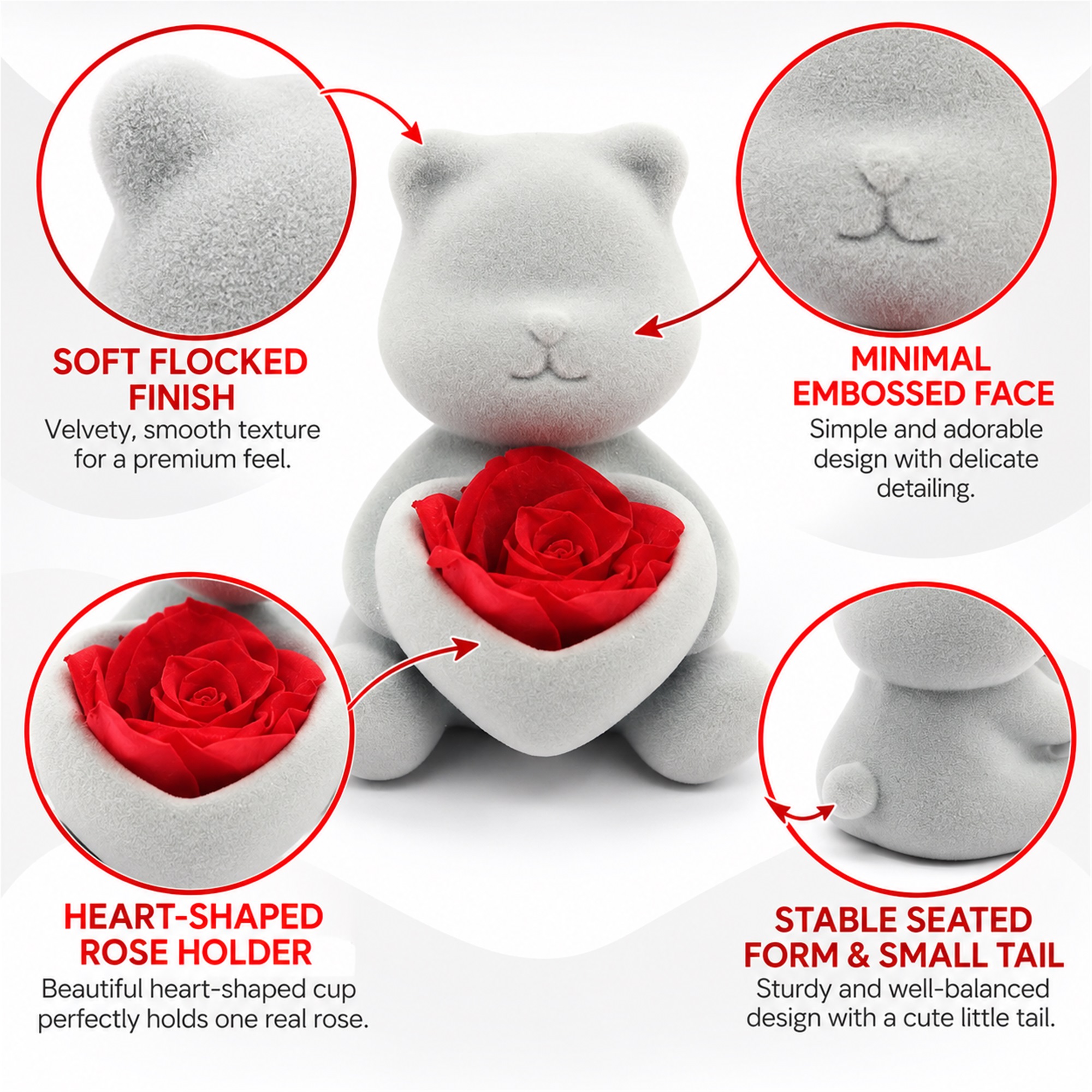 Gray Flocked Seated Teddy Bear Gift Figurine With Heart-Shaped Rose Holder Jewelry Box product construction details