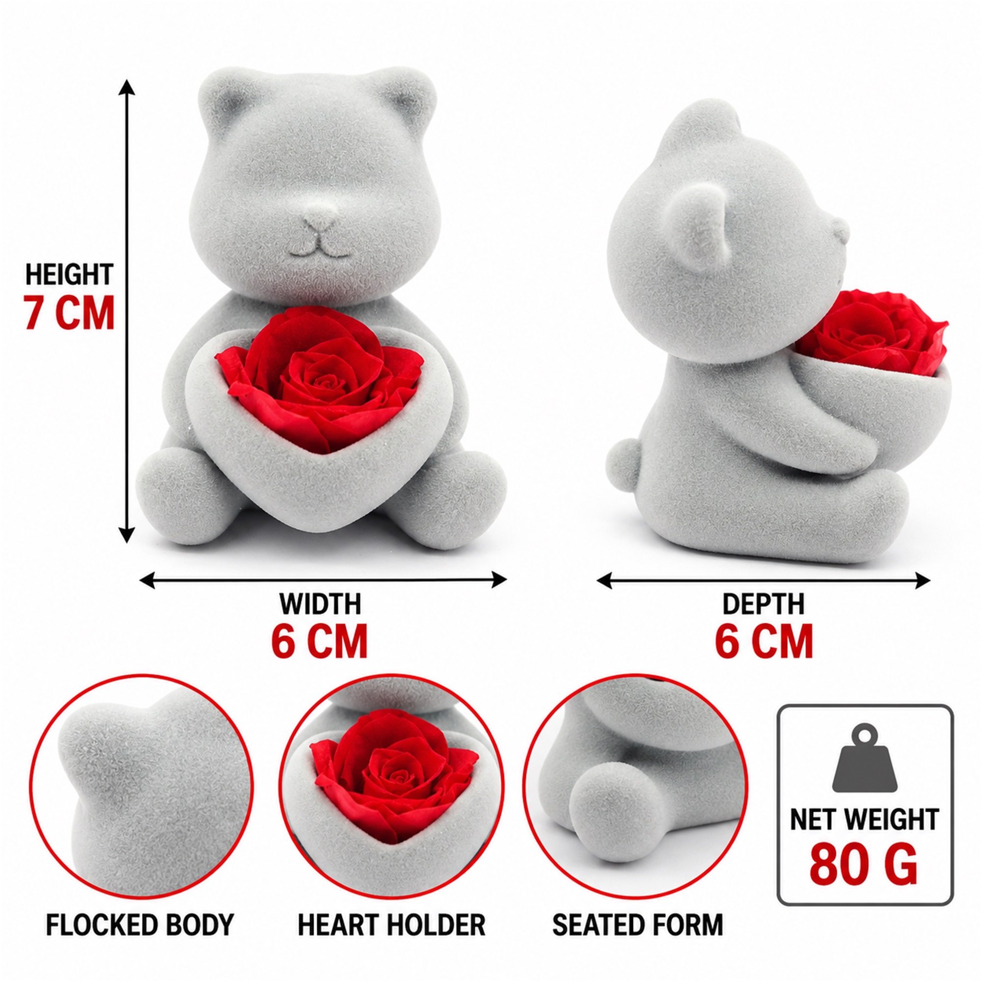 Gray Flocked Seated Teddy Bear Gift Figurine With Heart-Shaped Rose Holder Jewelry Box size and structure