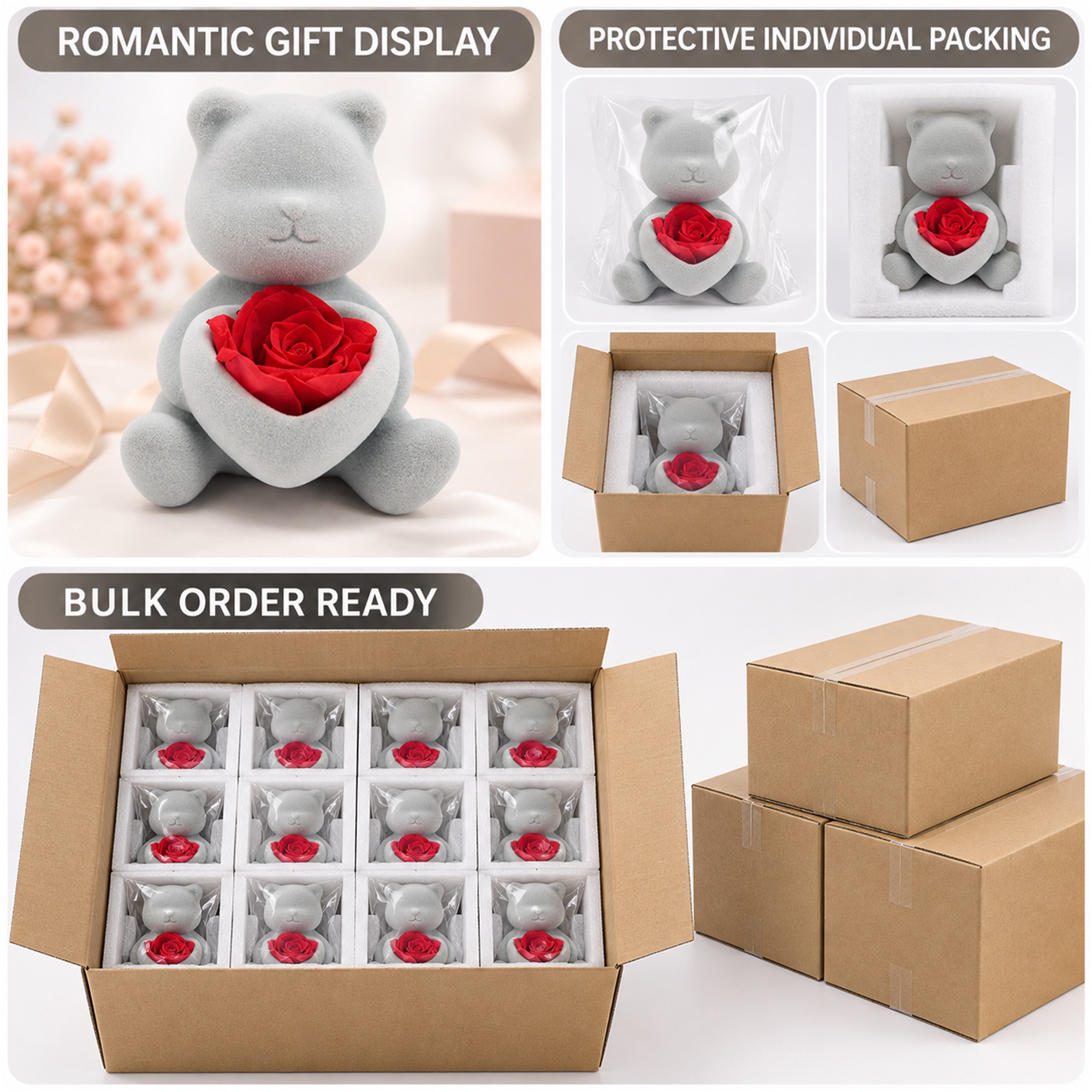 Gray Flocked Seated Teddy Bear Gift Figurine With Heart-Shaped Rose Holder Jewelry Box additional product views