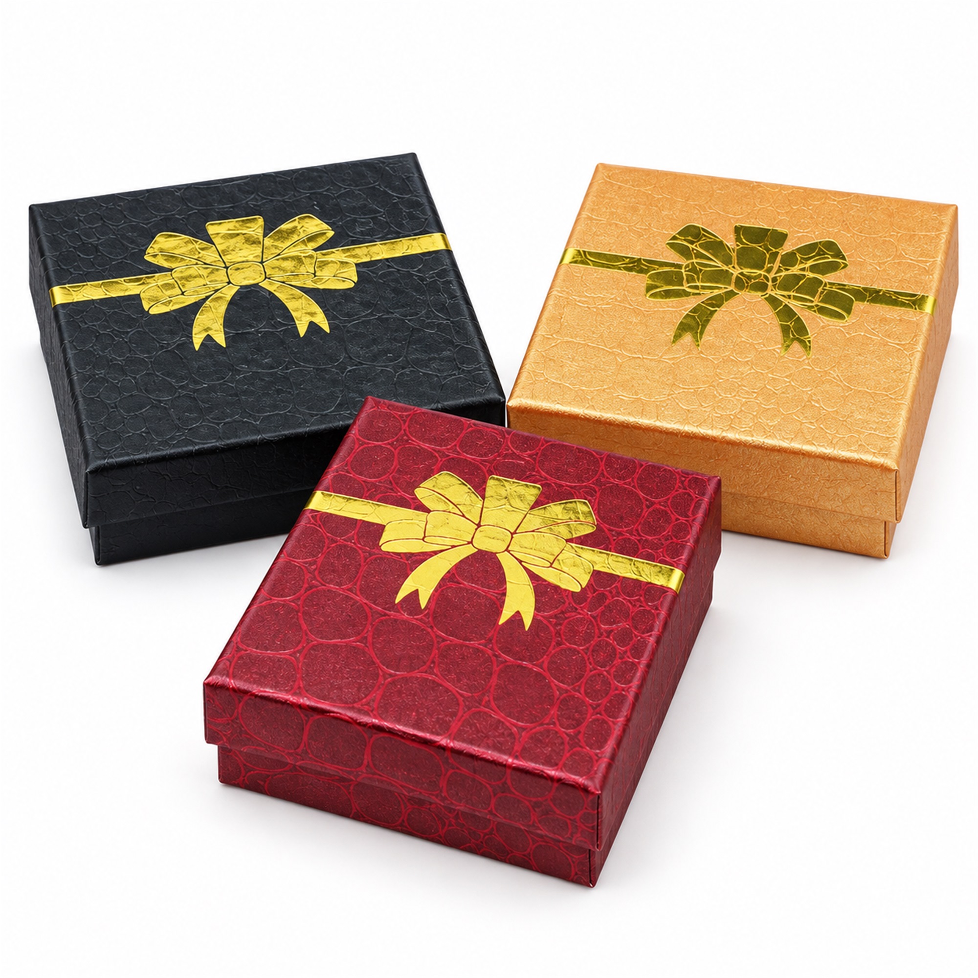 Three-Color Crocodile-Texture Paperboard Jewelry Gift Box With Gold Foil Bow front product view