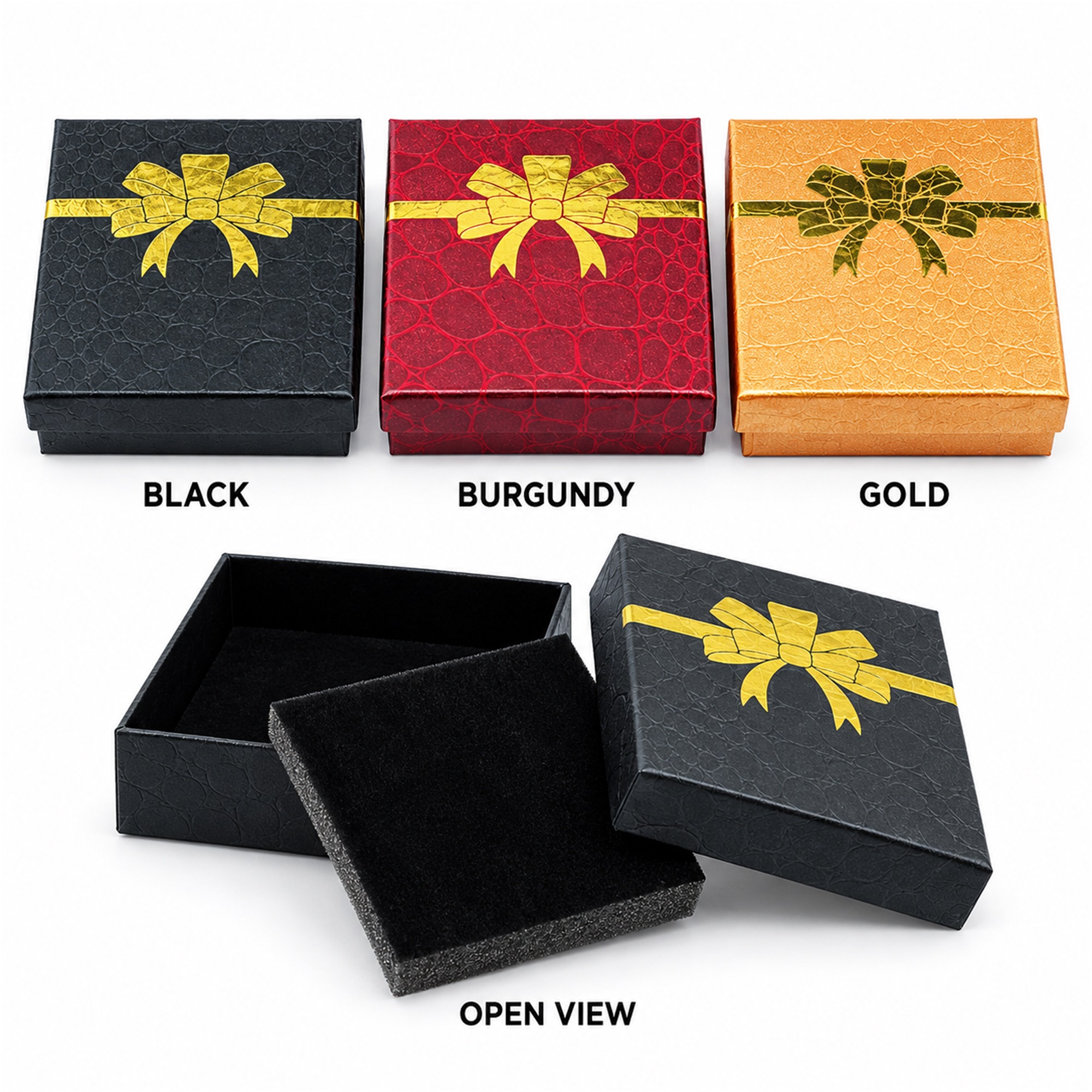 Three-Color Crocodile-Texture Paperboard Jewelry Gift Box With Gold Foil Bow available styles and colors