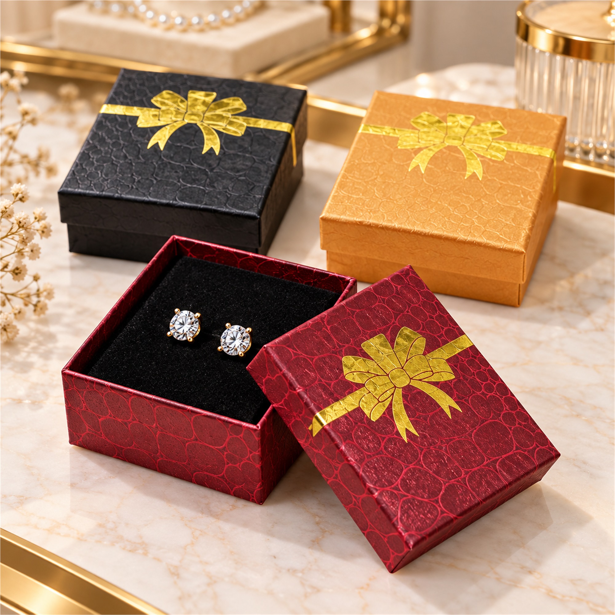 Three-Color Crocodile-Texture Paperboard Jewelry Gift Box With Gold Foil Bow lifestyle application