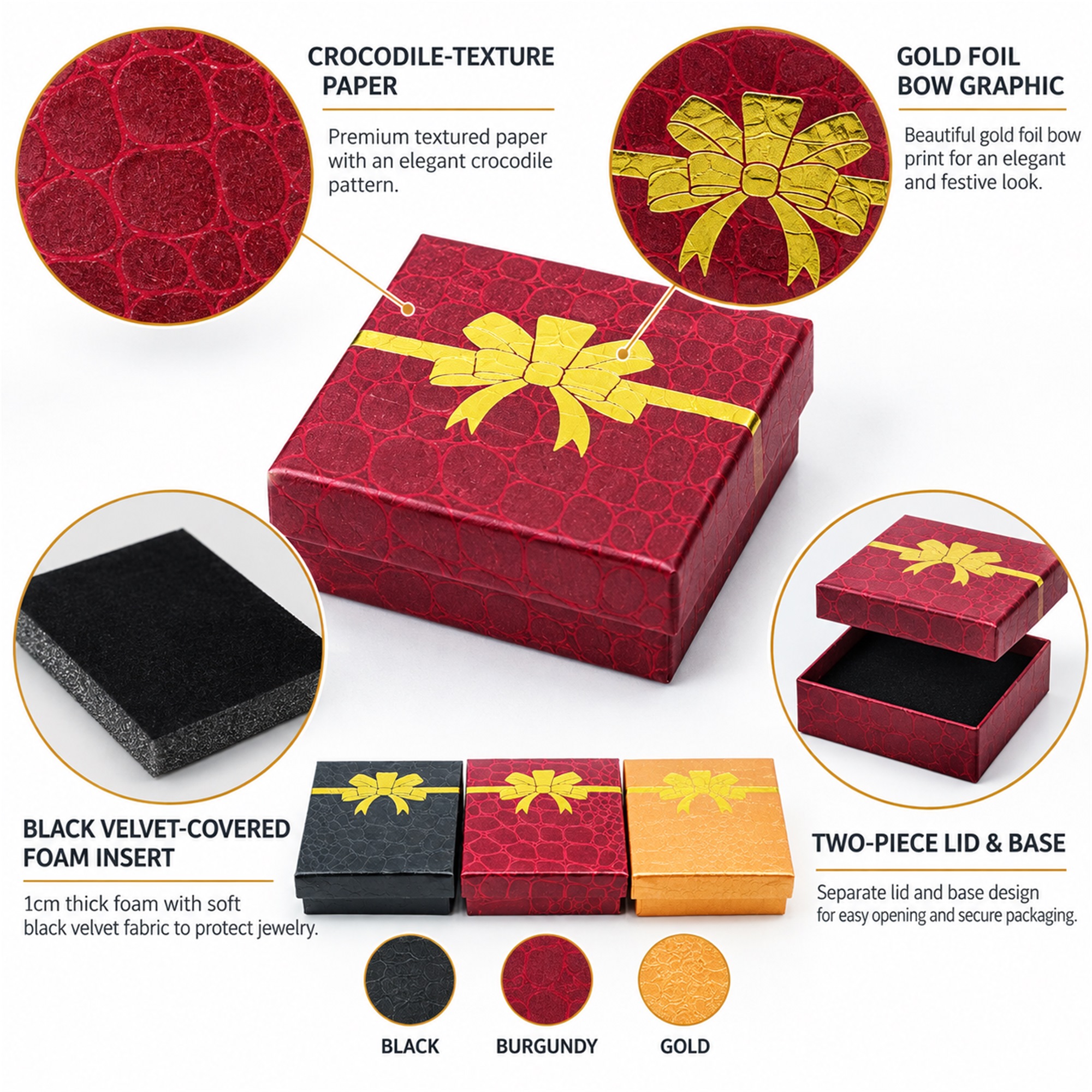 Three-Color Crocodile-Texture Paperboard Jewelry Gift Box With Gold Foil Bow product construction details