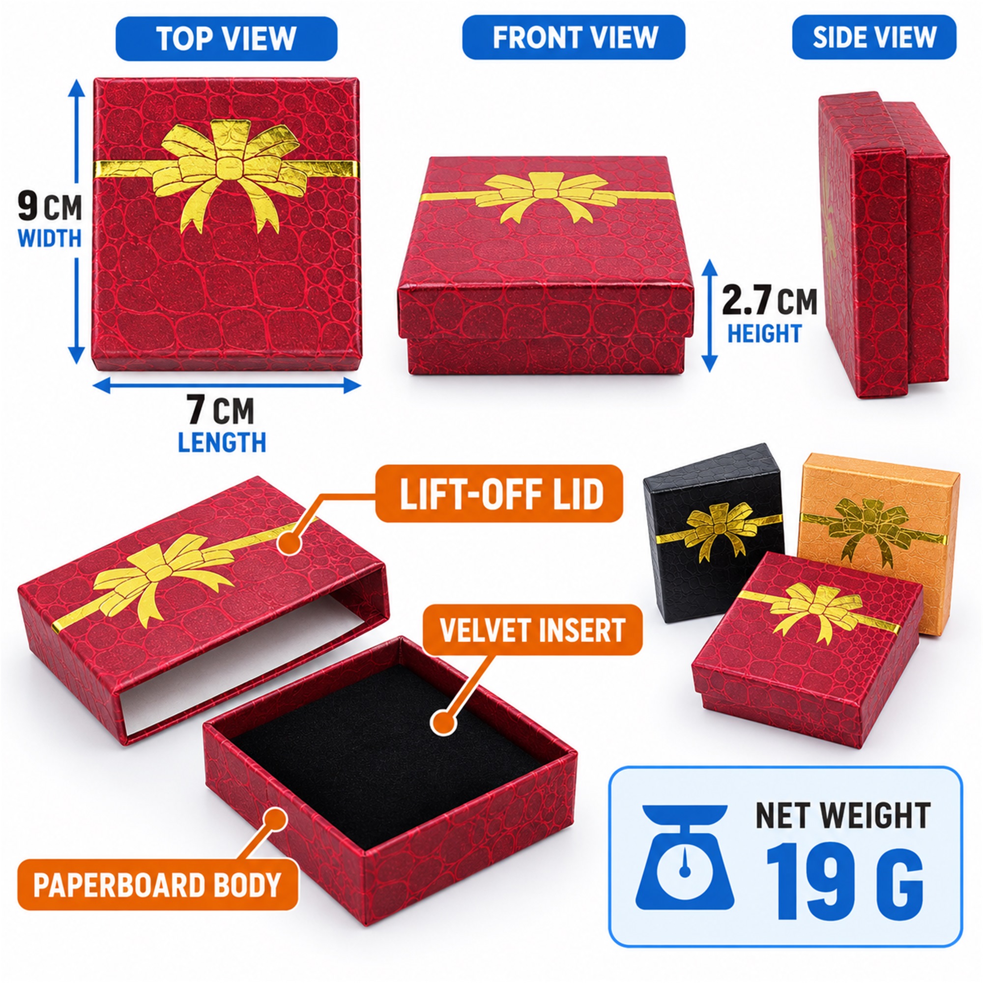 Three-Color Crocodile-Texture Paperboard Jewelry Gift Box With Gold Foil Bow size and structure