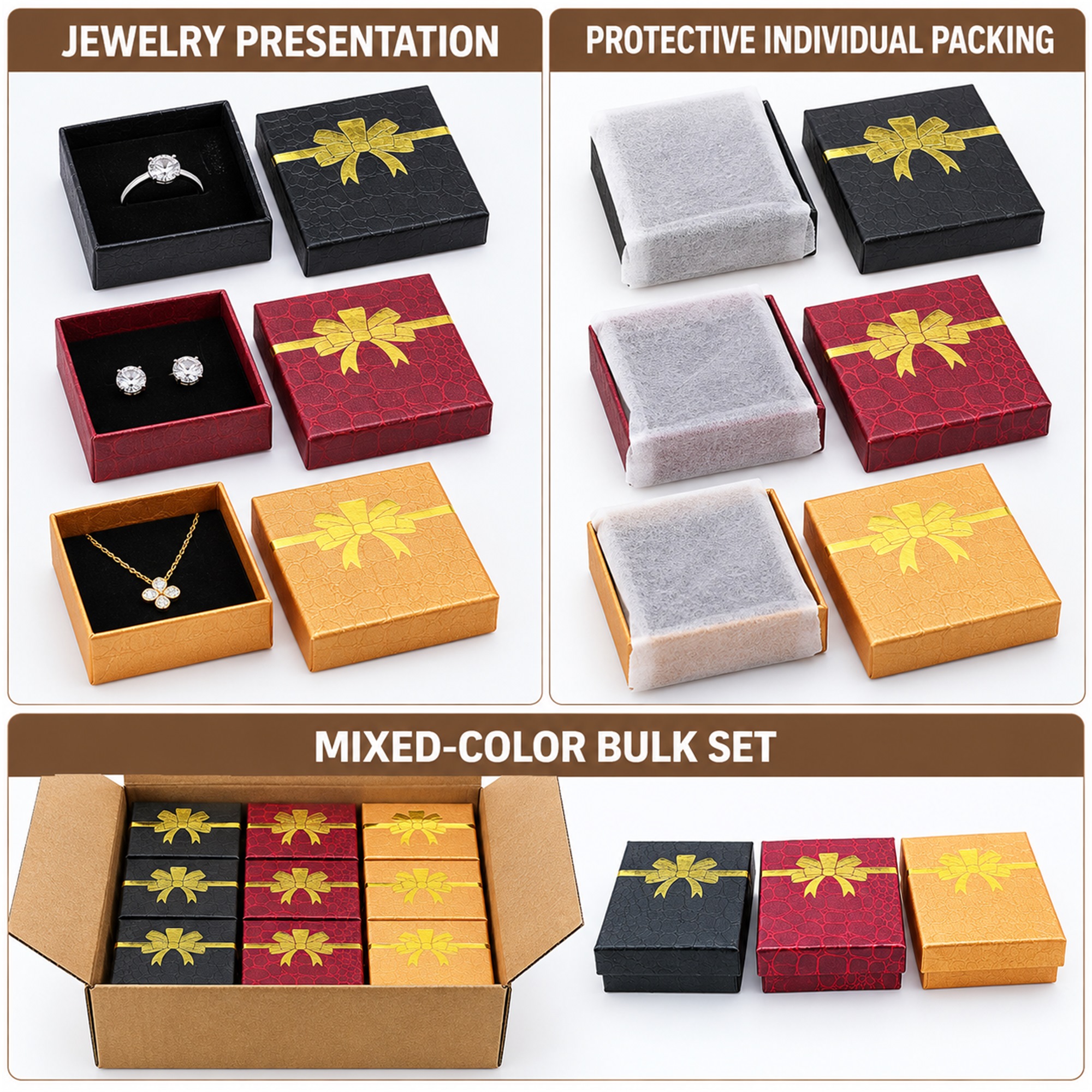Three-Color Crocodile-Texture Paperboard Jewelry Gift Box With Gold Foil Bow additional product views