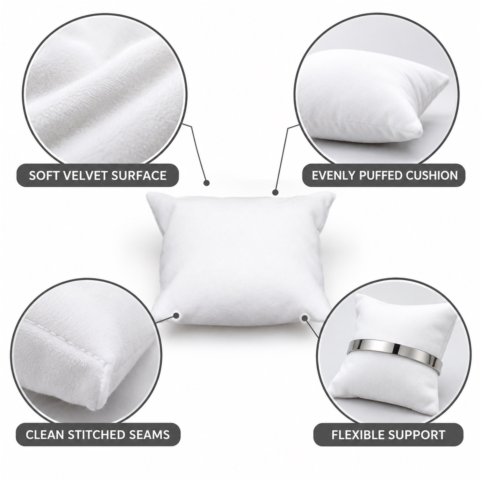 Custom White Velvet Watch And Bracelet Display Pillow product construction details