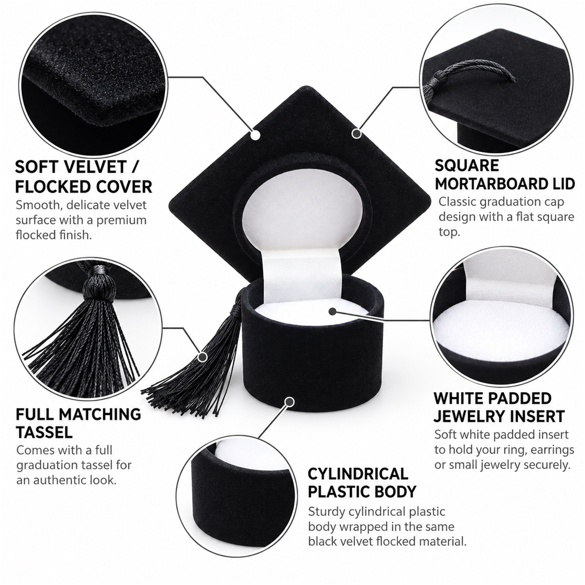 Custom Large Velvet Graduation-Cap Jewelry And Medal Presentation Box product construction details