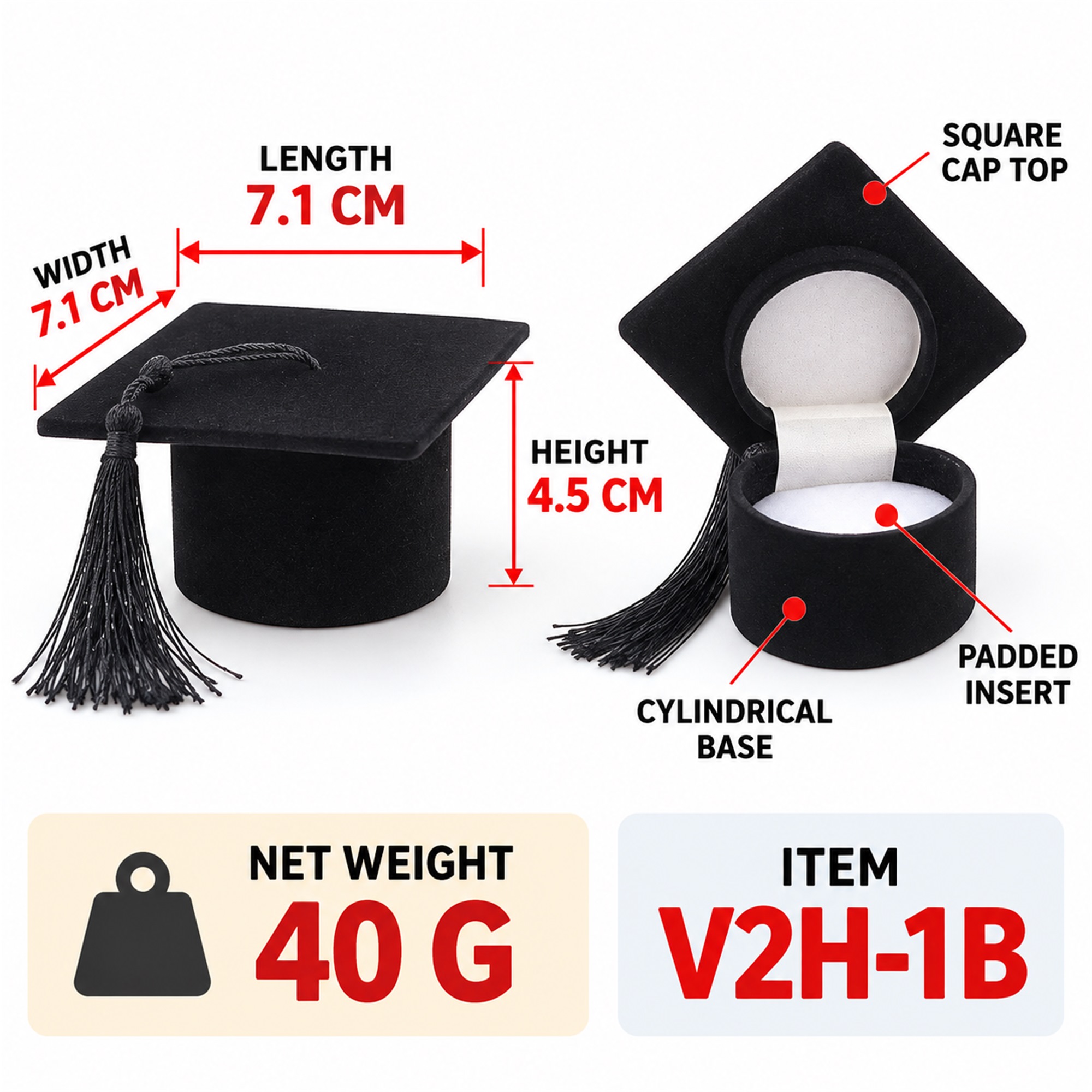 Custom Large Velvet Graduation-Cap Jewelry And Medal Presentation Box size and structure