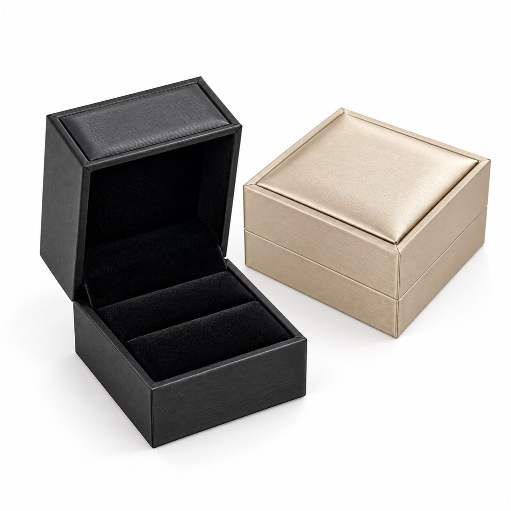Compact Brushed-PU Hinged Ring Presentation Box front product view