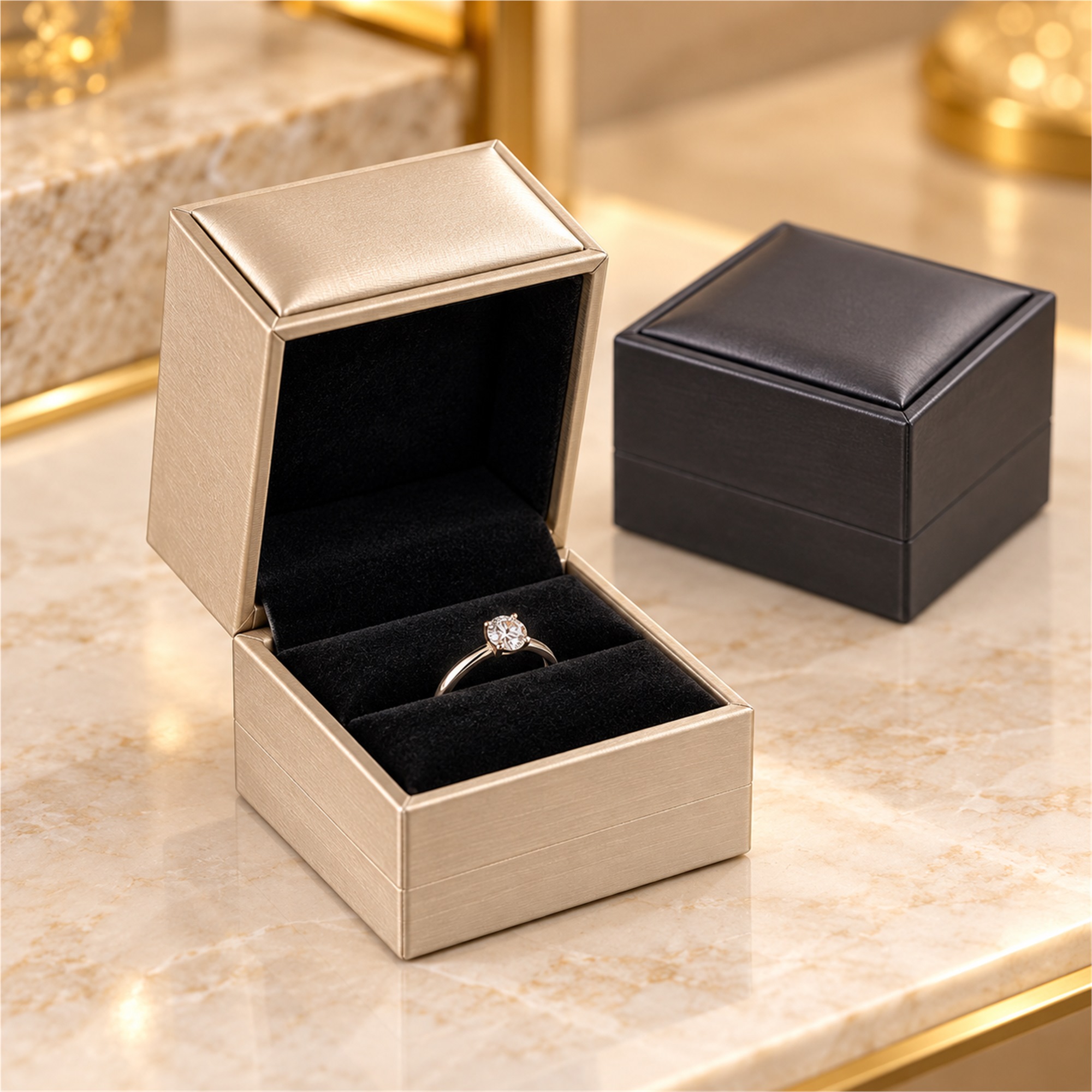 Compact Brushed-PU Hinged Ring Presentation Box lifestyle application