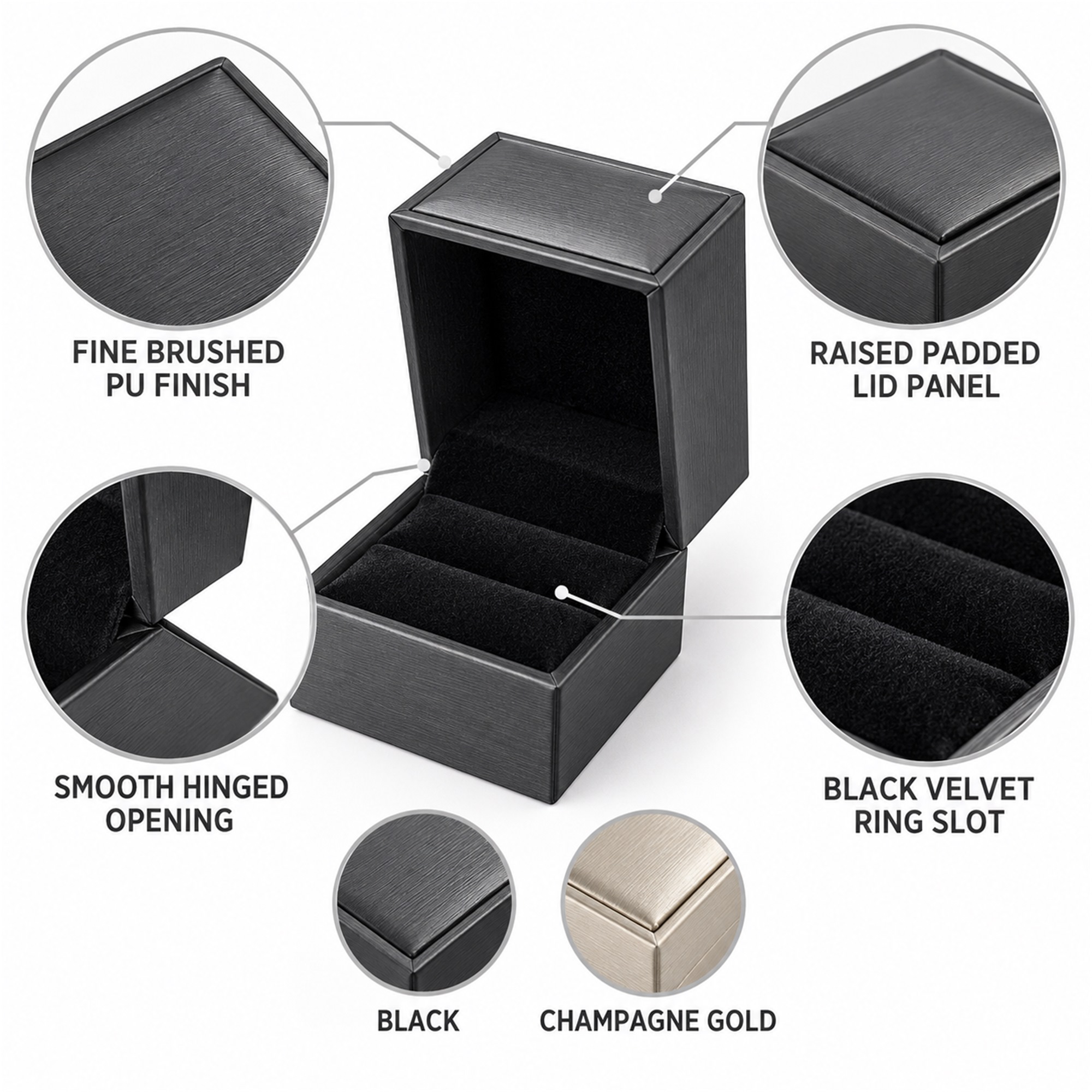 Compact Brushed-PU Hinged Ring Presentation Box product construction details