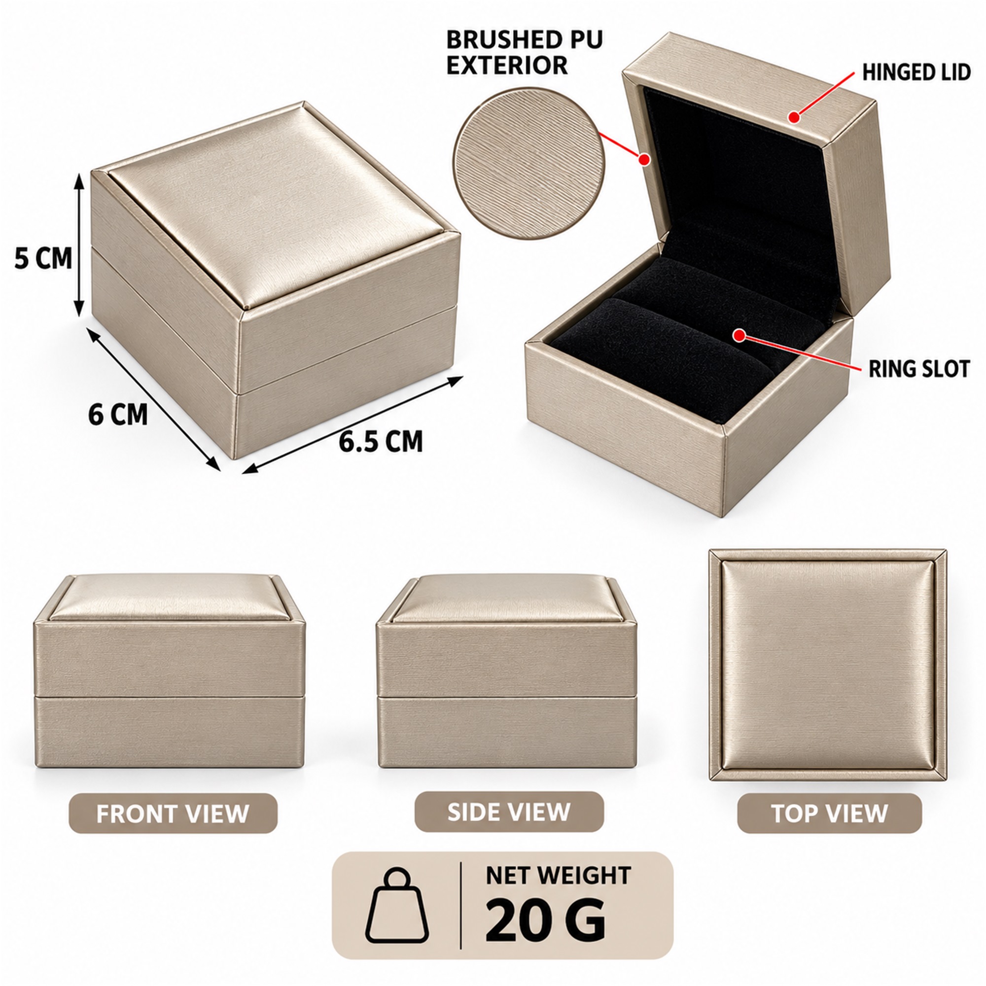 Compact Brushed-PU Hinged Ring Presentation Box size and structure
