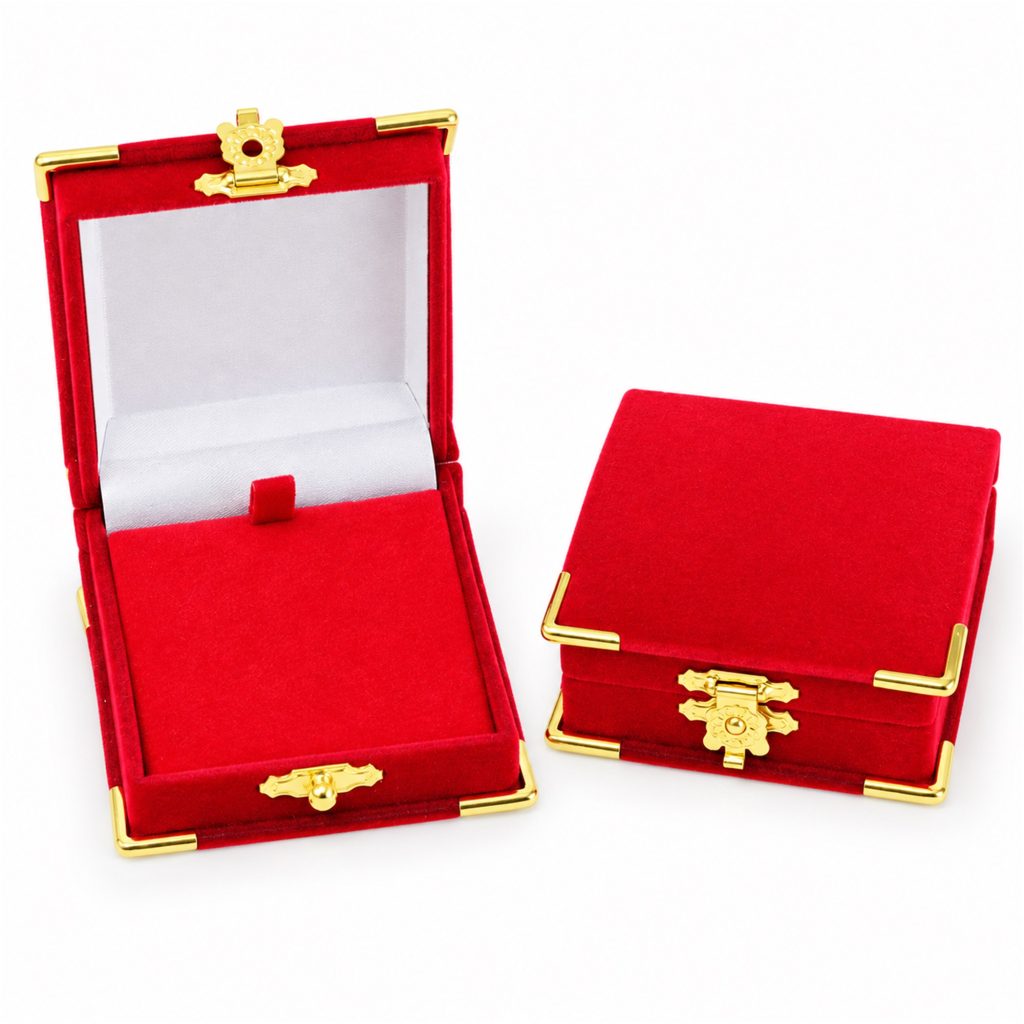 Red Flocked Hinged Jewelry Presentation Box With Gold Corner Protectors And Flower Clasp front product view
