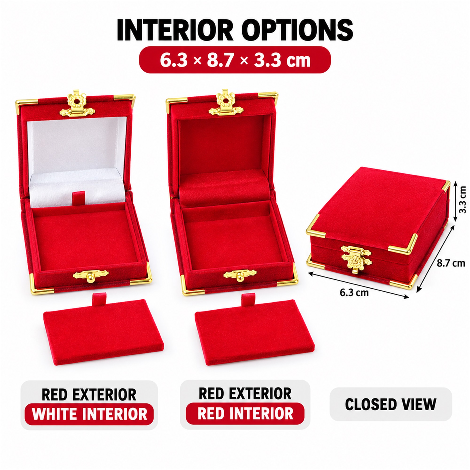 Red Flocked Hinged Jewelry Presentation Box With Gold Corner Protectors And Flower Clasp available styles and colors