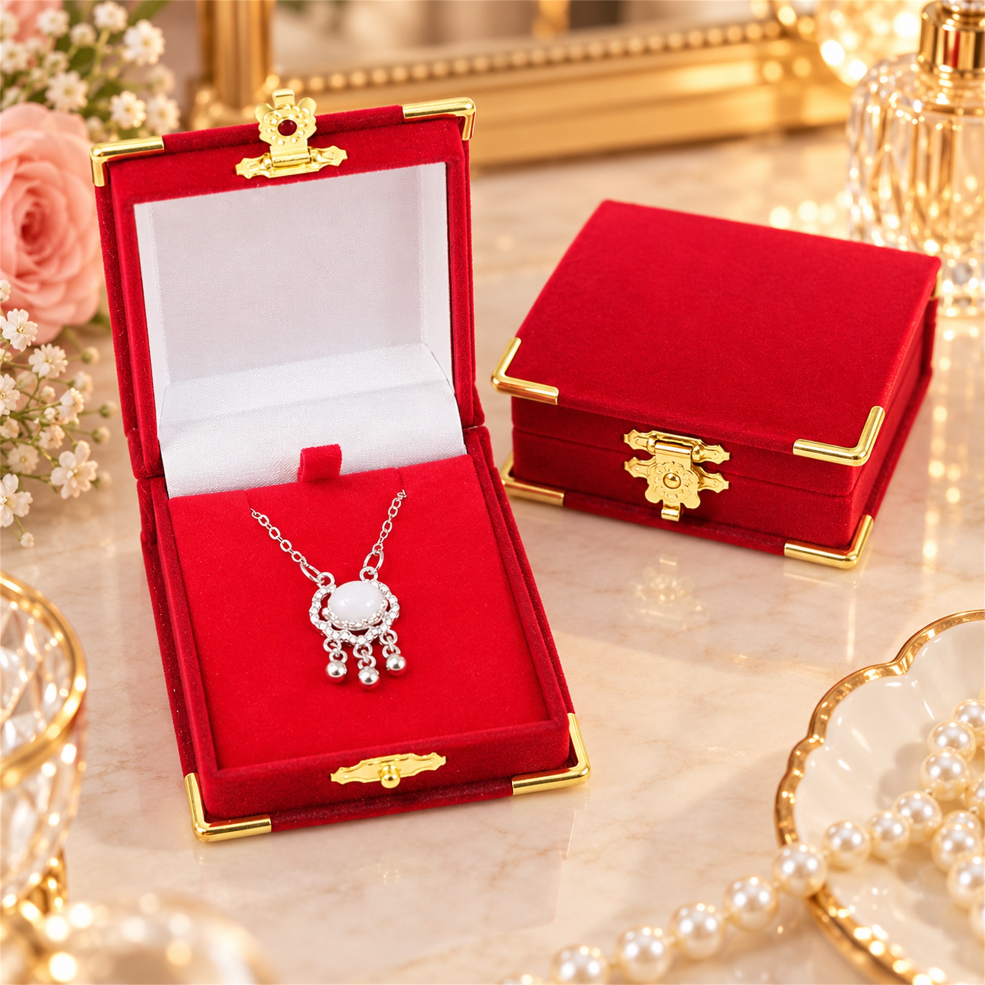 Red Flocked Hinged Jewelry Presentation Box With Gold Corner Protectors And Flower Clasp lifestyle application