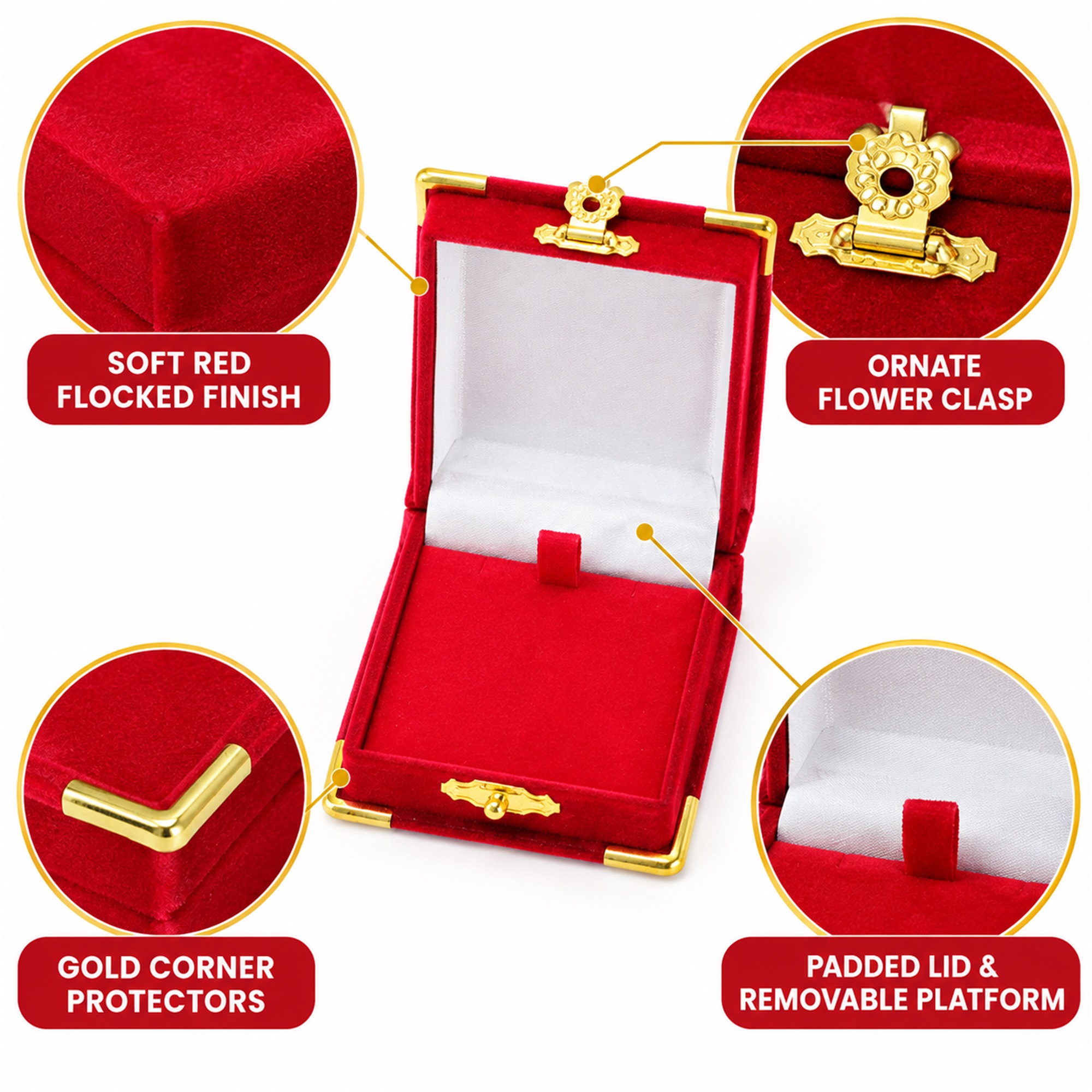 Red Flocked Hinged Jewelry Presentation Box With Gold Corner Protectors And Flower Clasp product construction details
