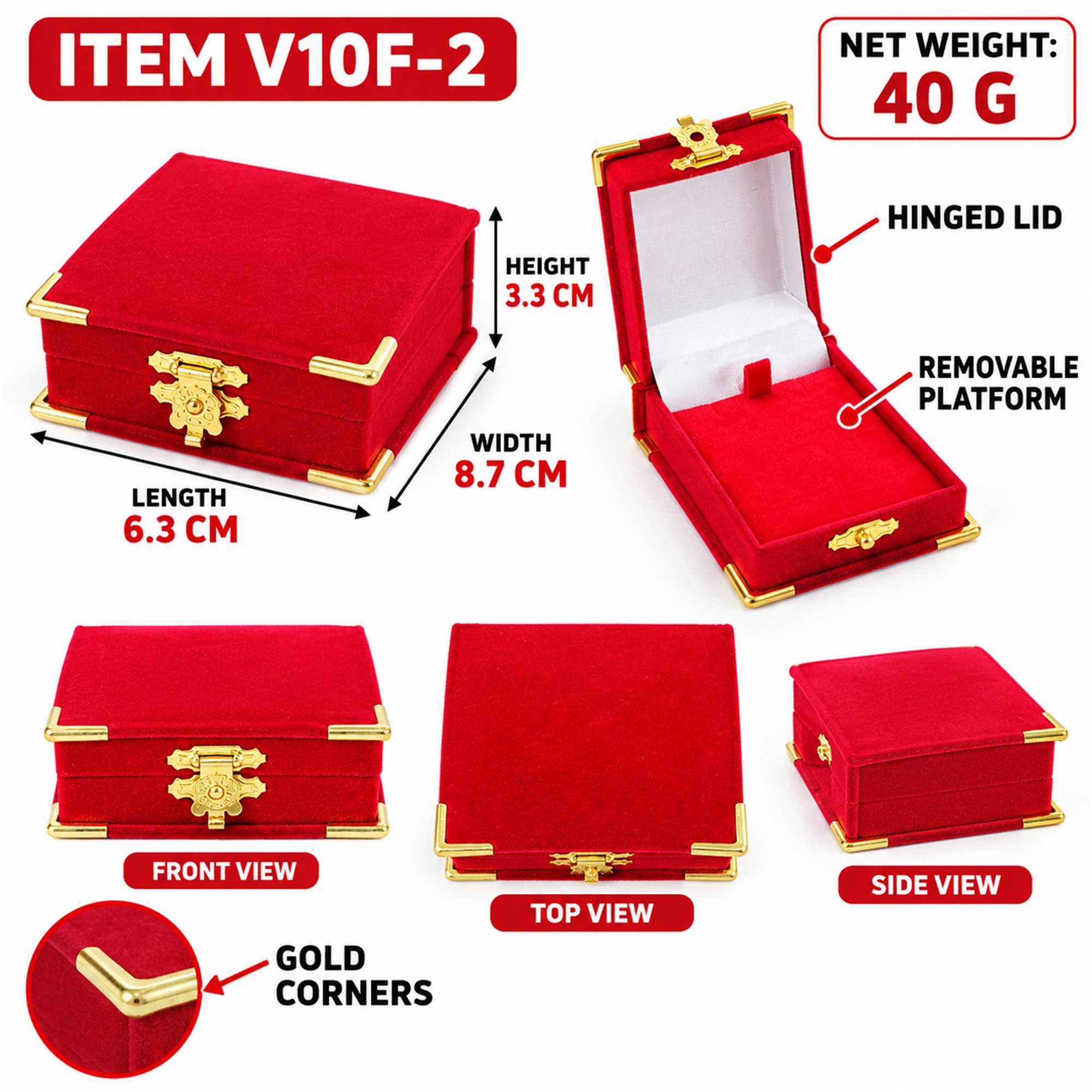 Red Flocked Hinged Jewelry Presentation Box With Gold Corner Protectors And Flower Clasp size and structure