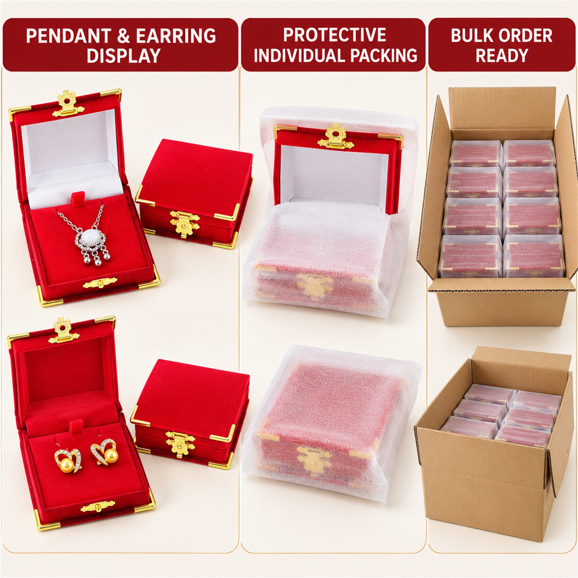 Red Flocked Hinged Jewelry Presentation Box With Gold Corner Protectors And Flower Clasp additional product views