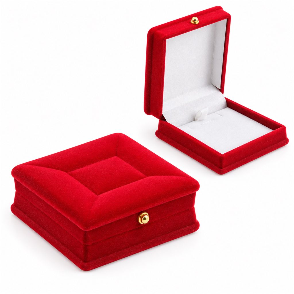 Custom Red Flocked Padded-Top Hinged Pendant And Earring Presentation Box front product view