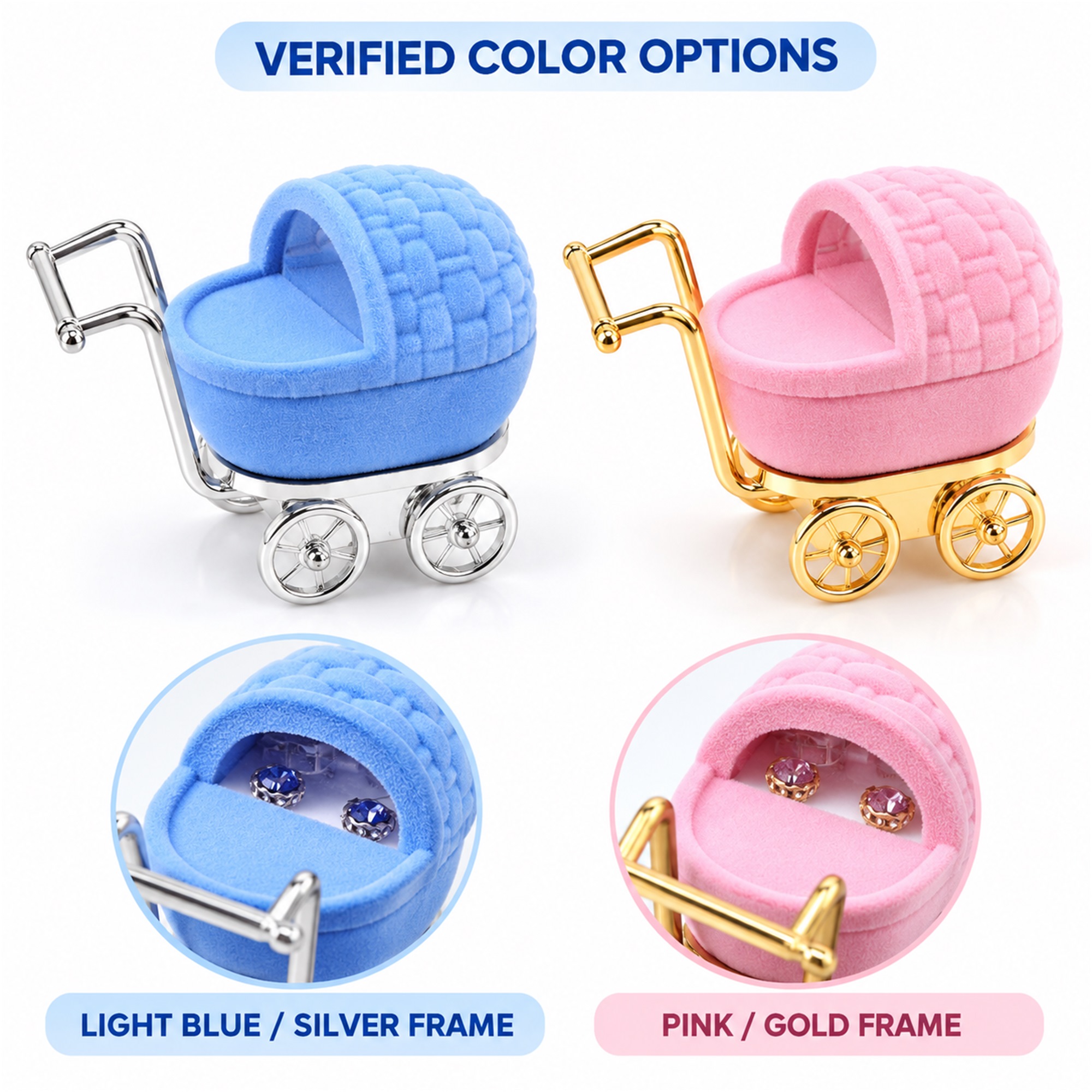 Custom Baby-Stroller-Shaped Flocked Jewelry Presentation Box available styles and colors