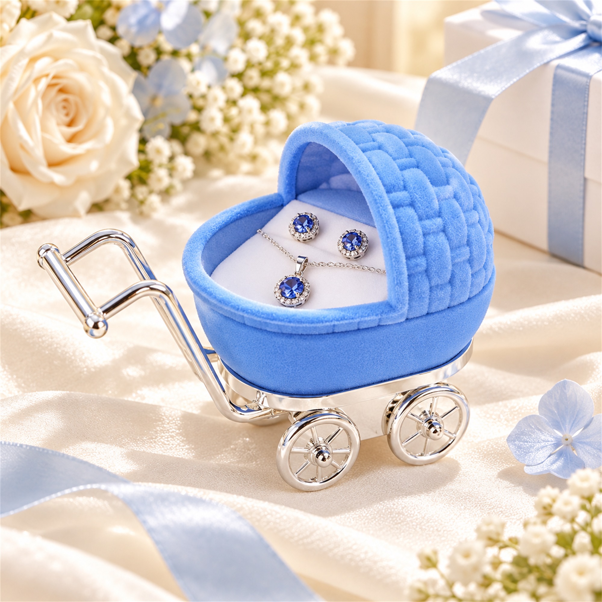 Custom Baby-Stroller-Shaped Flocked Jewelry Presentation Box lifestyle application
