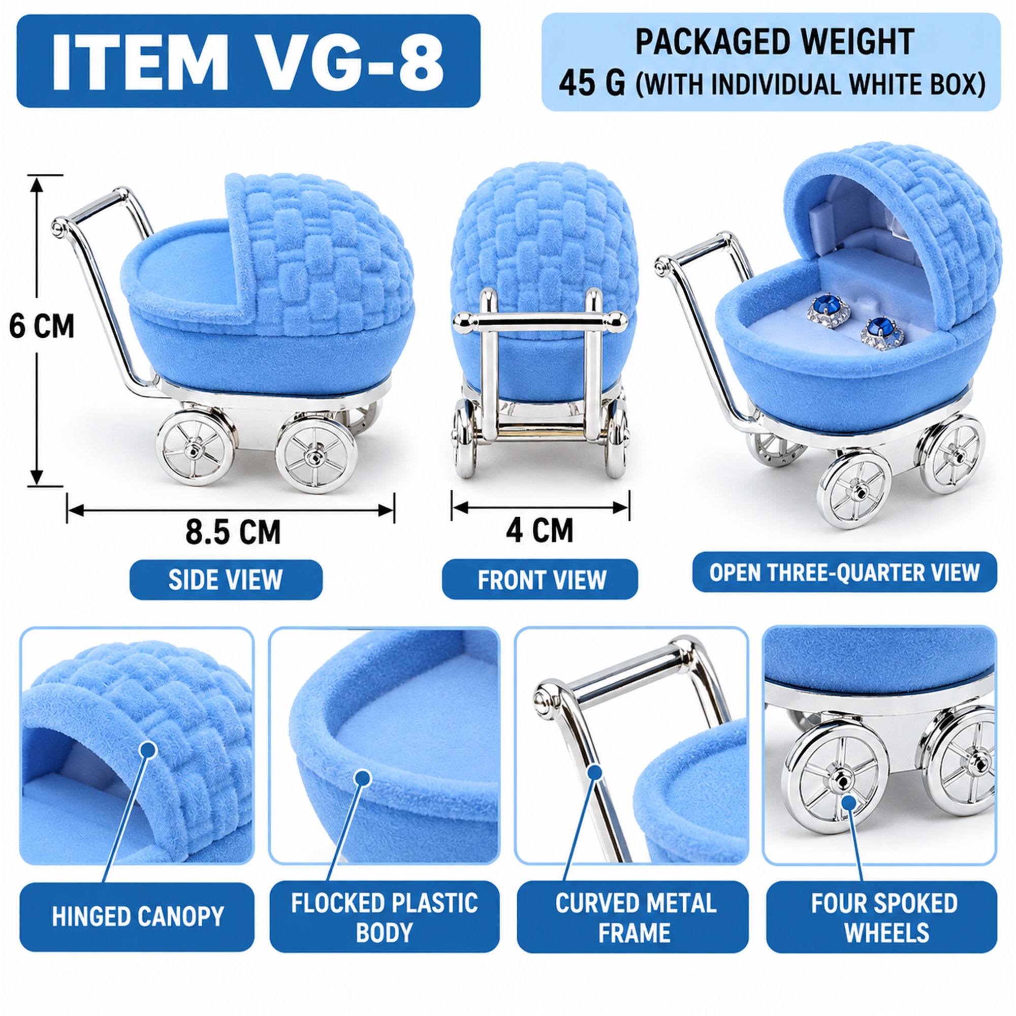 Custom Baby-Stroller-Shaped Flocked Jewelry Presentation Box size and structure