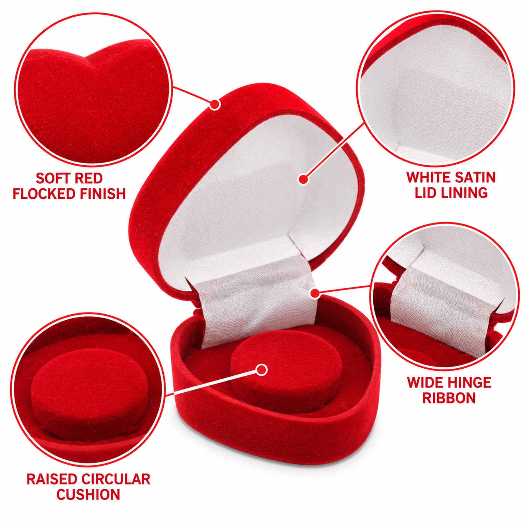 Custom Red Heart-Shaped Flocked Hinged Jewelry Presentation Box product construction details