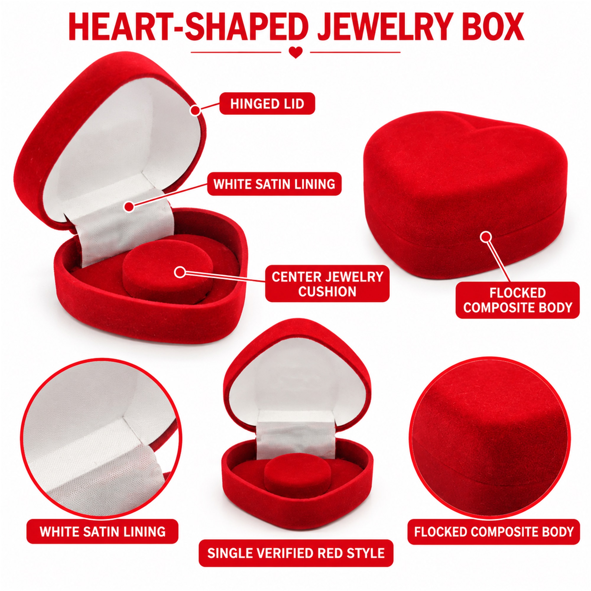 Custom Red Heart-Shaped Flocked Hinged Jewelry Presentation Box size and structure