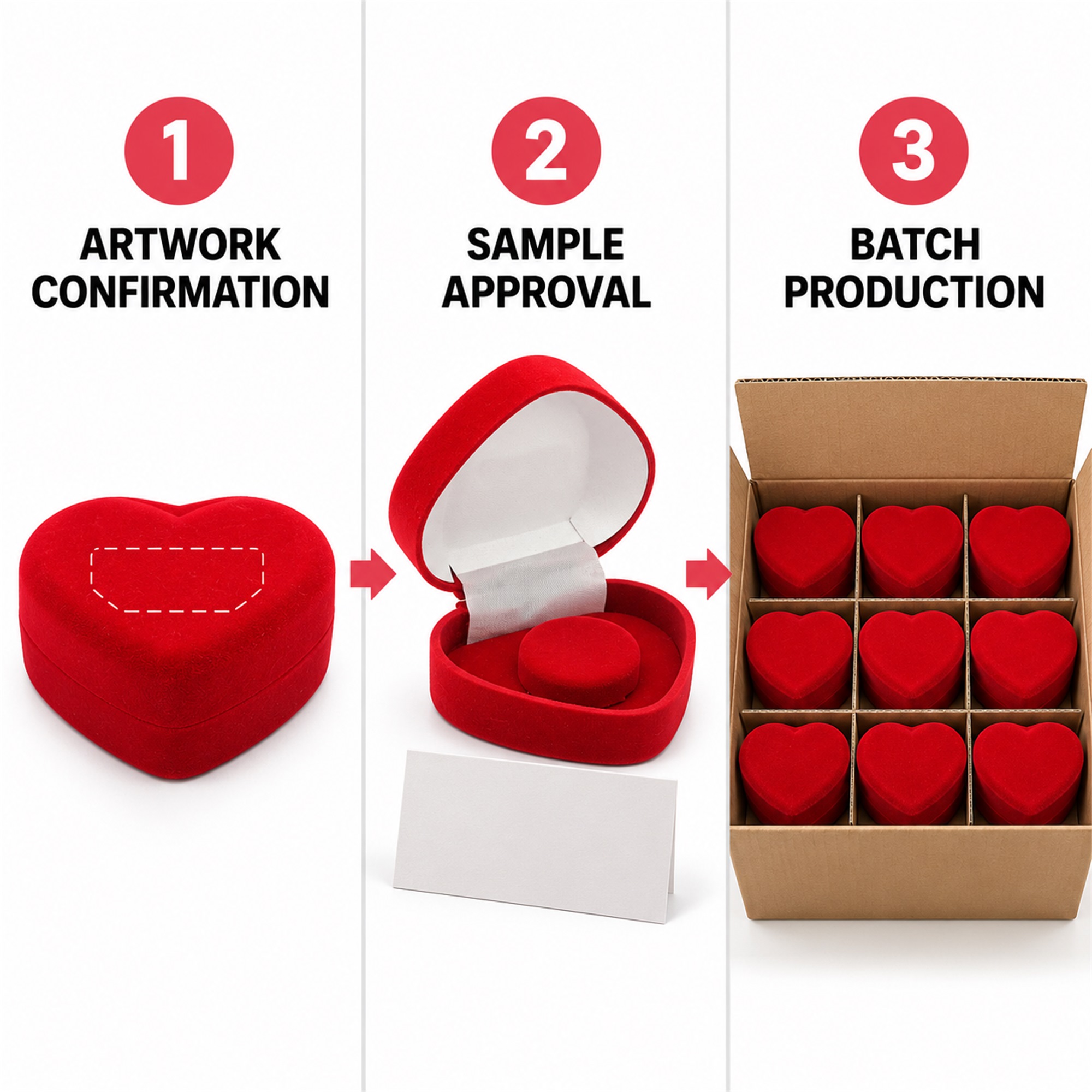 Custom Red Heart-Shaped Flocked Hinged Jewelry Presentation Box custom logo option