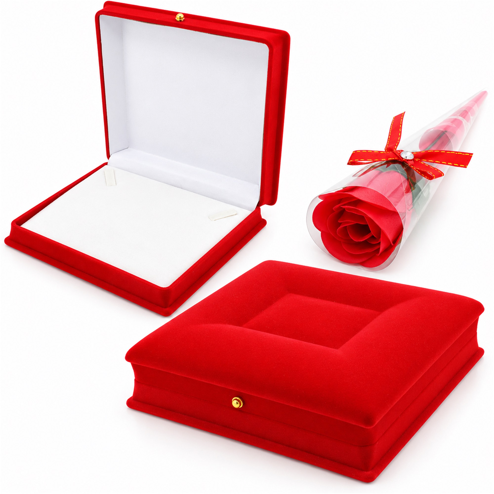Red Flocked Necklace Gift Box And Wrapped Rose Set front product view