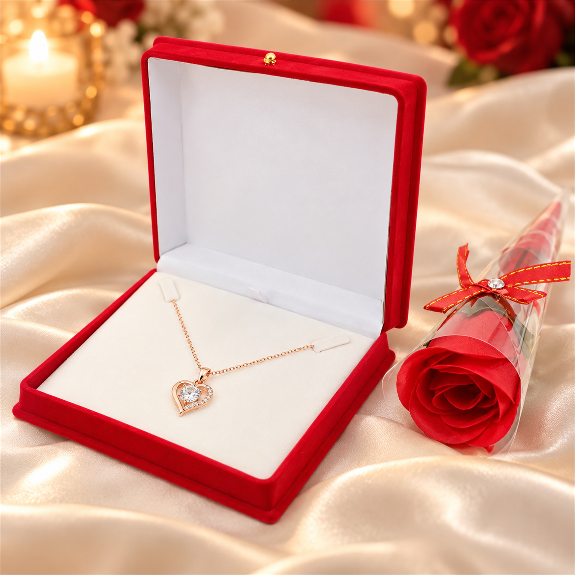 Red Flocked Necklace Gift Box And Wrapped Rose Set lifestyle application