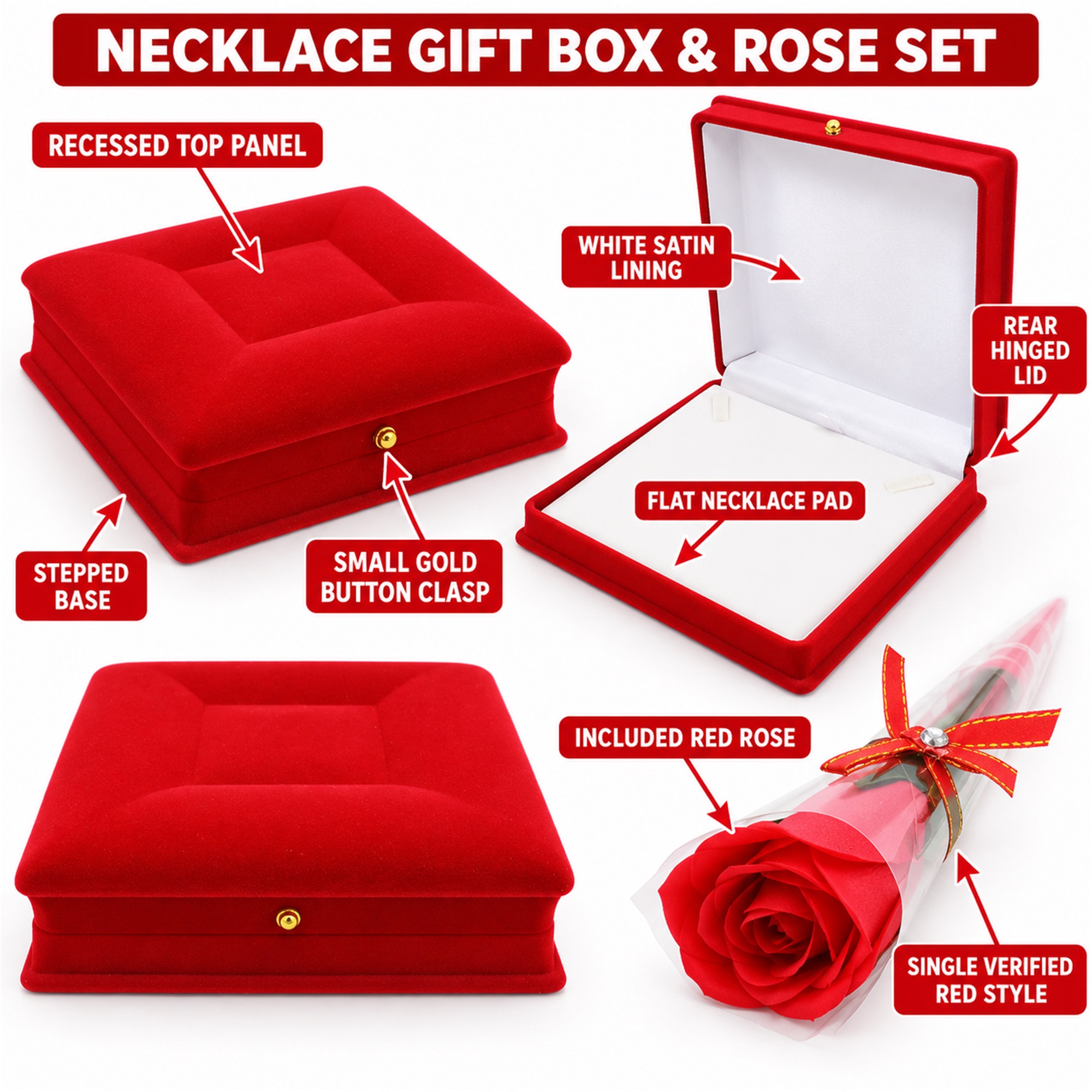 Red Flocked Necklace Gift Box And Wrapped Rose Set size and structure