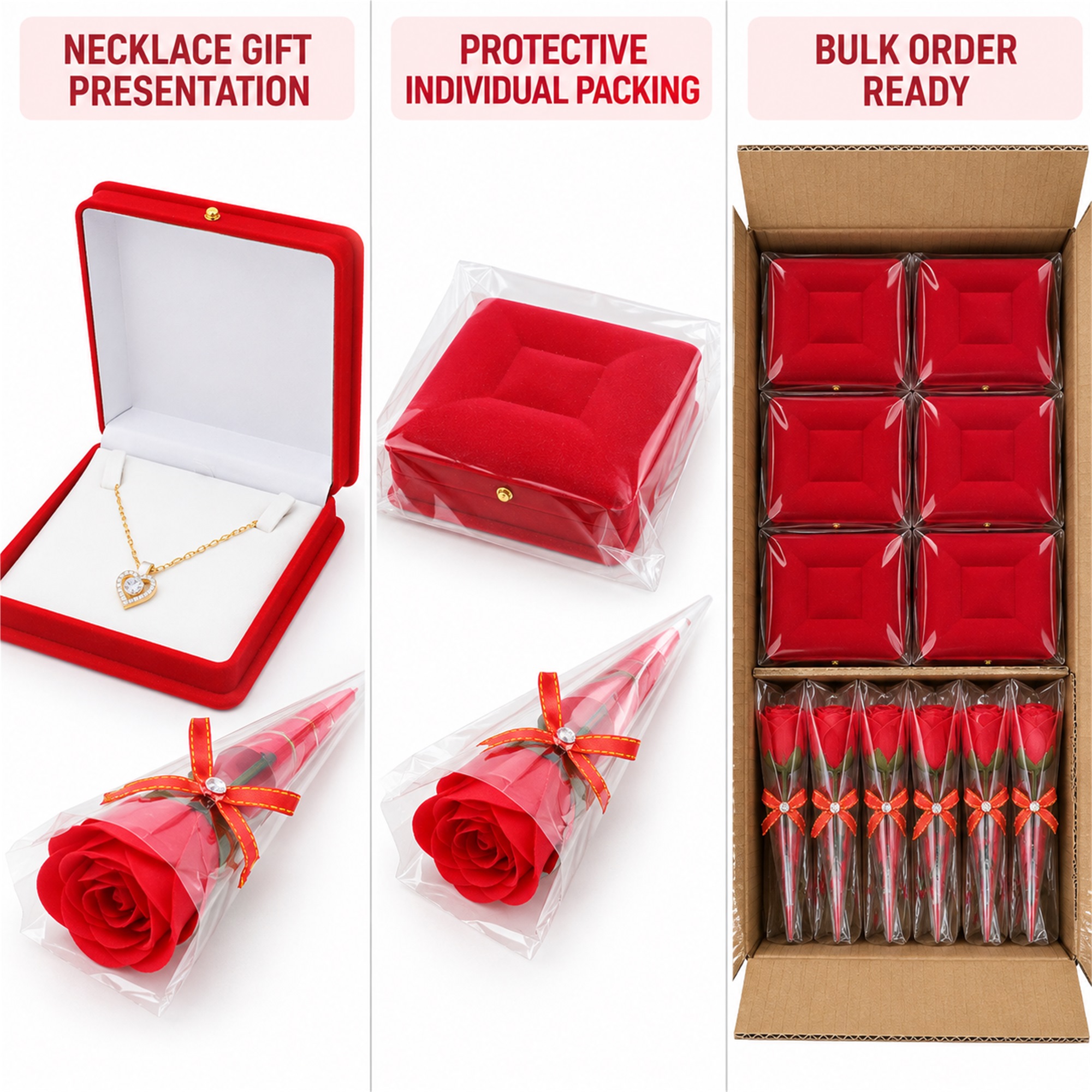 Red Flocked Necklace Gift Box And Wrapped Rose Set additional product views