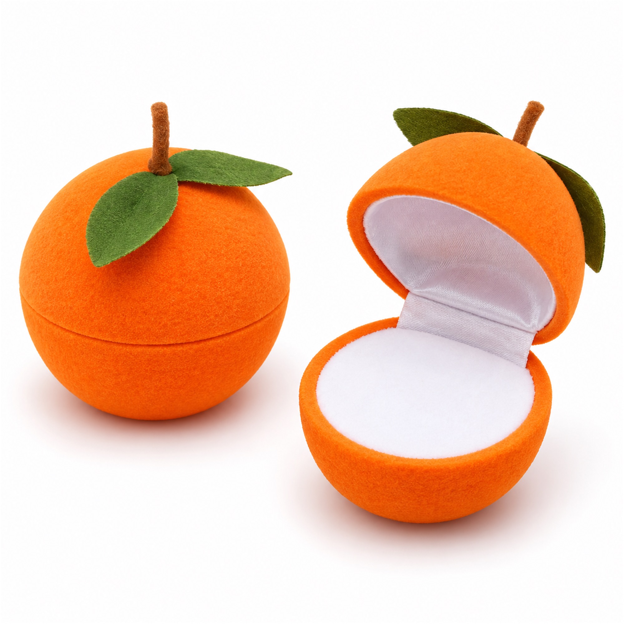 Orange-Fruit-Shaped Flocked Ring And Earring Presentation Box front product view