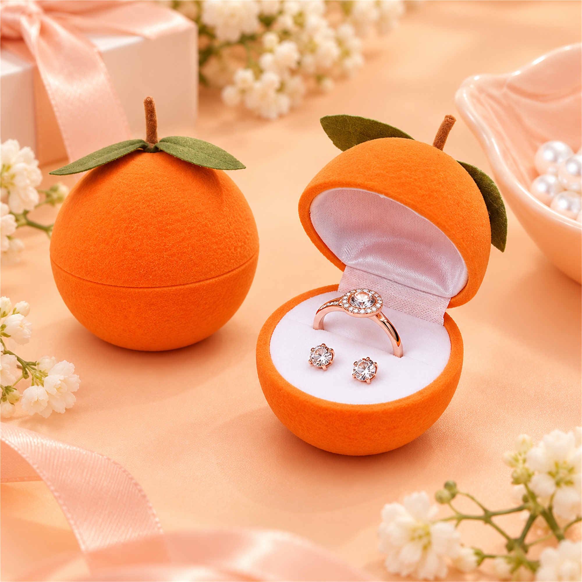 Orange-Fruit-Shaped Flocked Ring And Earring Presentation Box lifestyle application