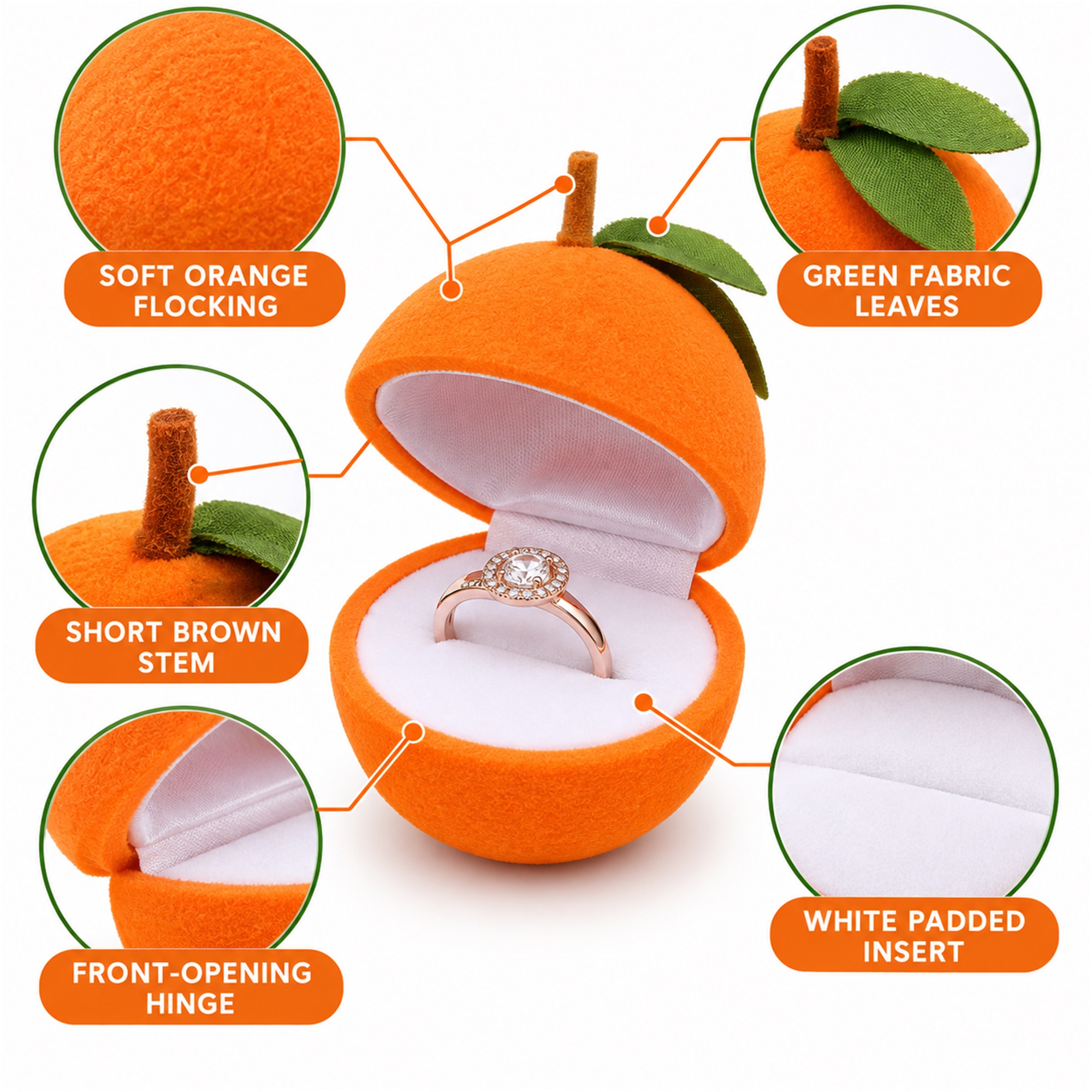 Orange-Fruit-Shaped Flocked Ring And Earring Presentation Box product construction details