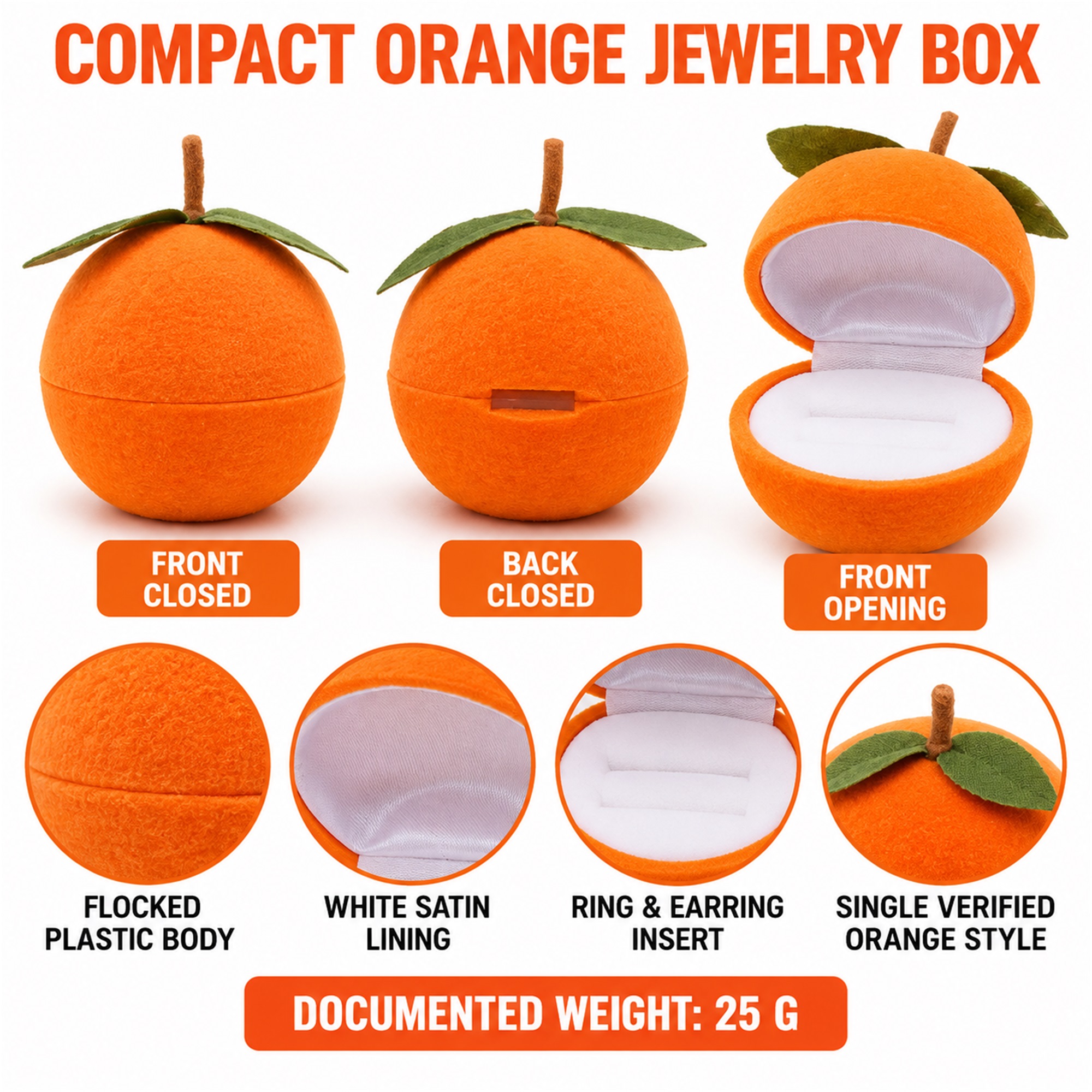 Orange-Fruit-Shaped Flocked Ring And Earring Presentation Box size and structure
