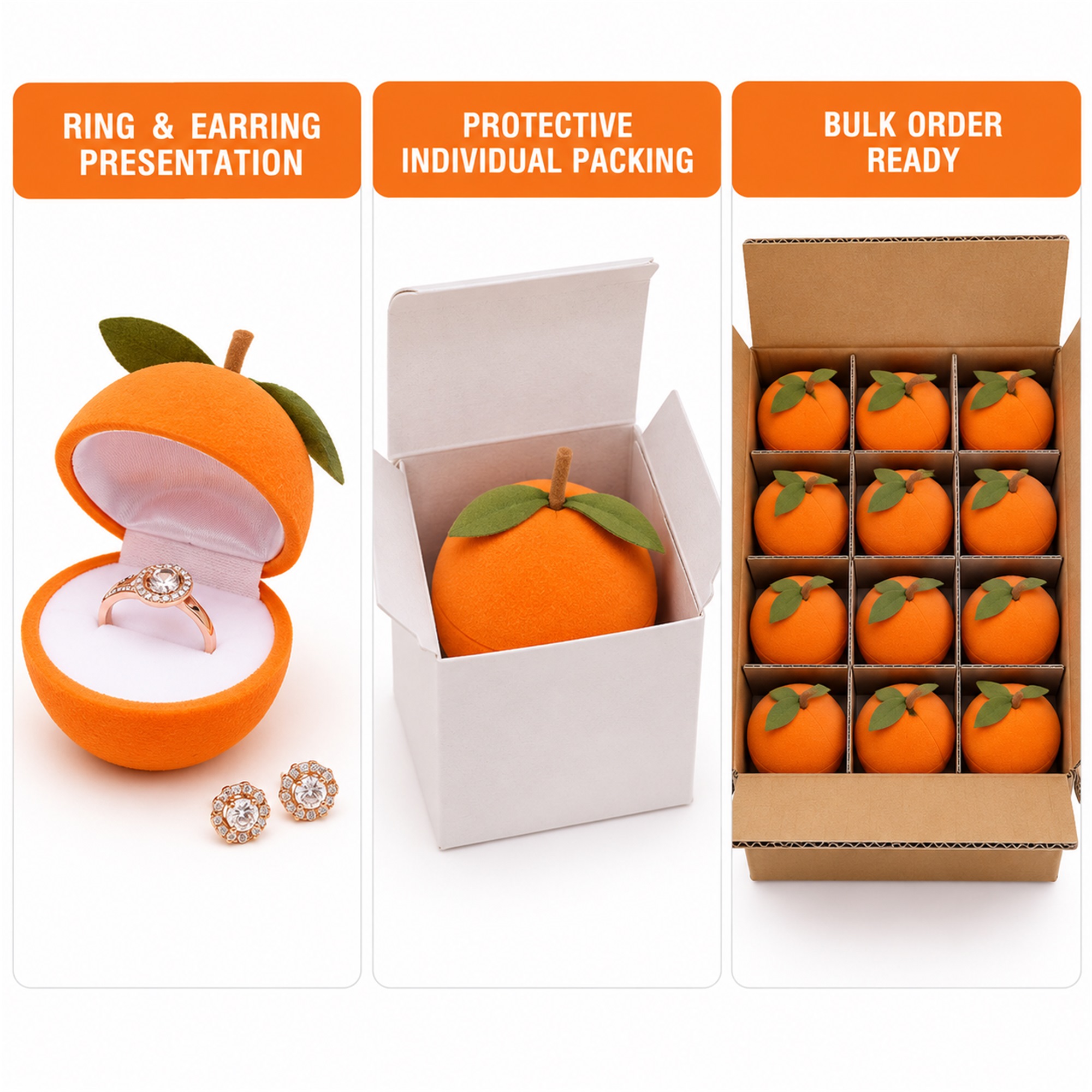Orange-Fruit-Shaped Flocked Ring And Earring Presentation Box additional product views