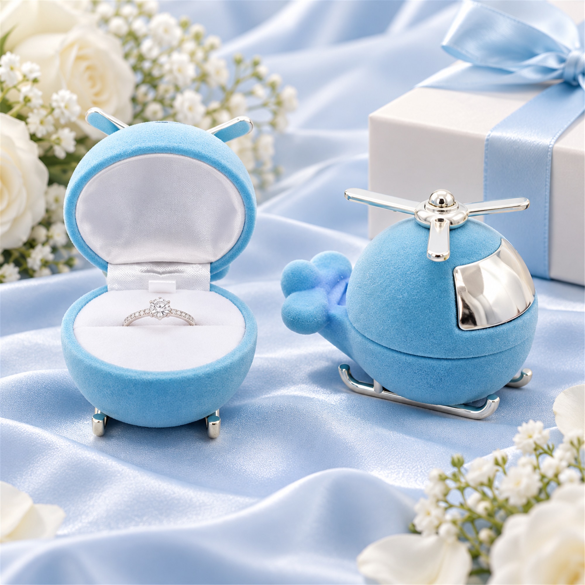 Blue Flocked Helicopter-Shaped Jewelry Presentation Box lifestyle application