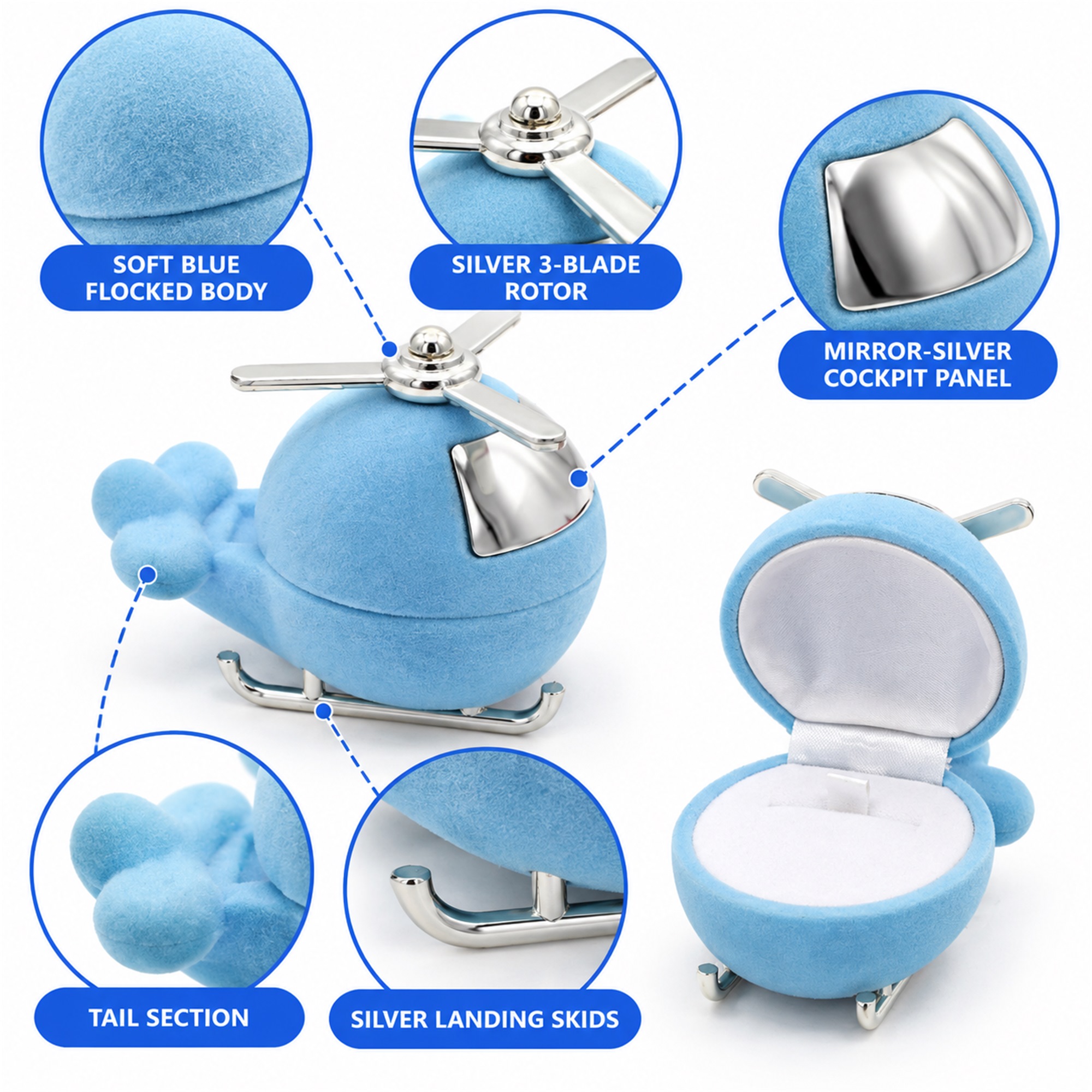 Blue Flocked Helicopter-Shaped Jewelry Presentation Box product construction details
