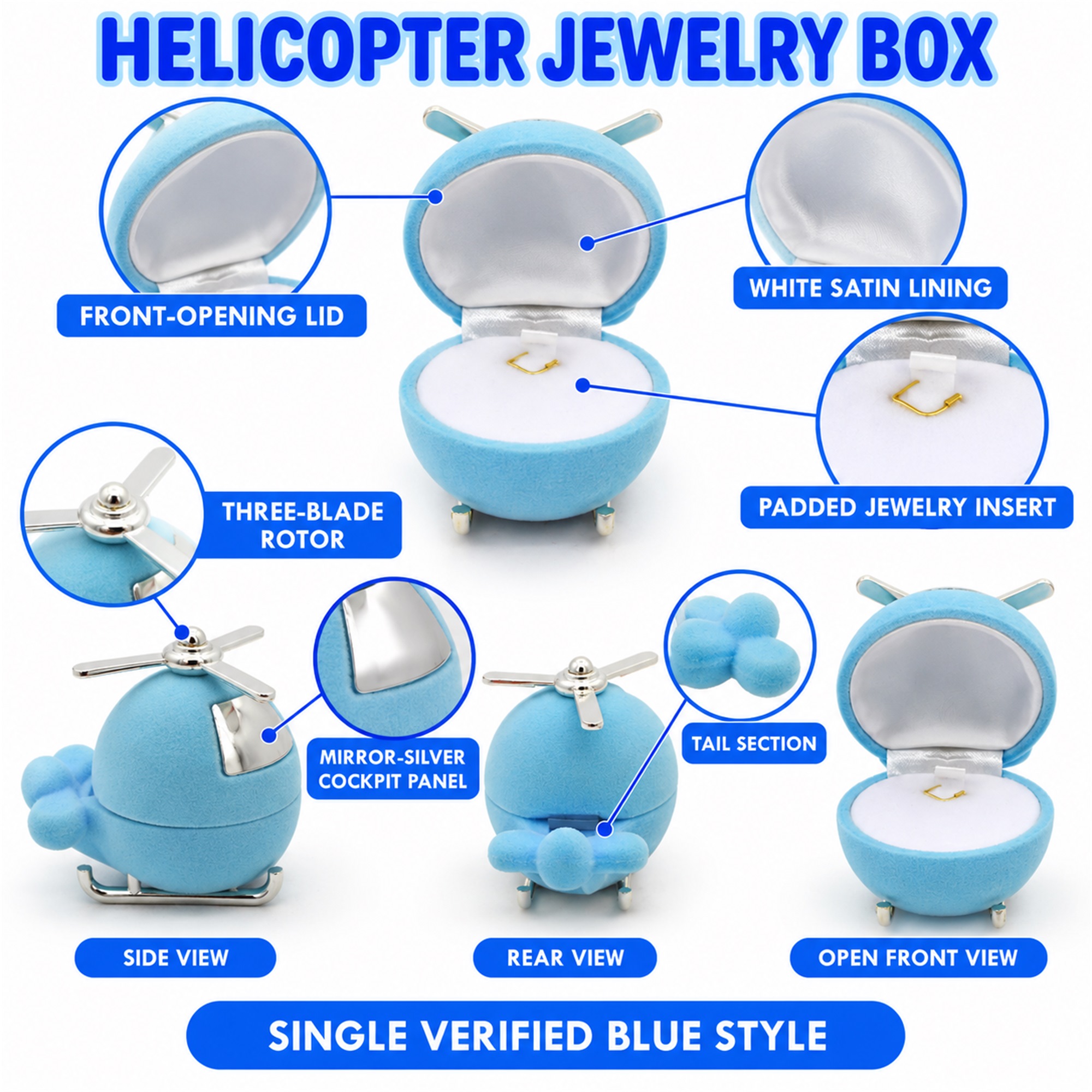 Blue Flocked Helicopter-Shaped Jewelry Presentation Box size and structure