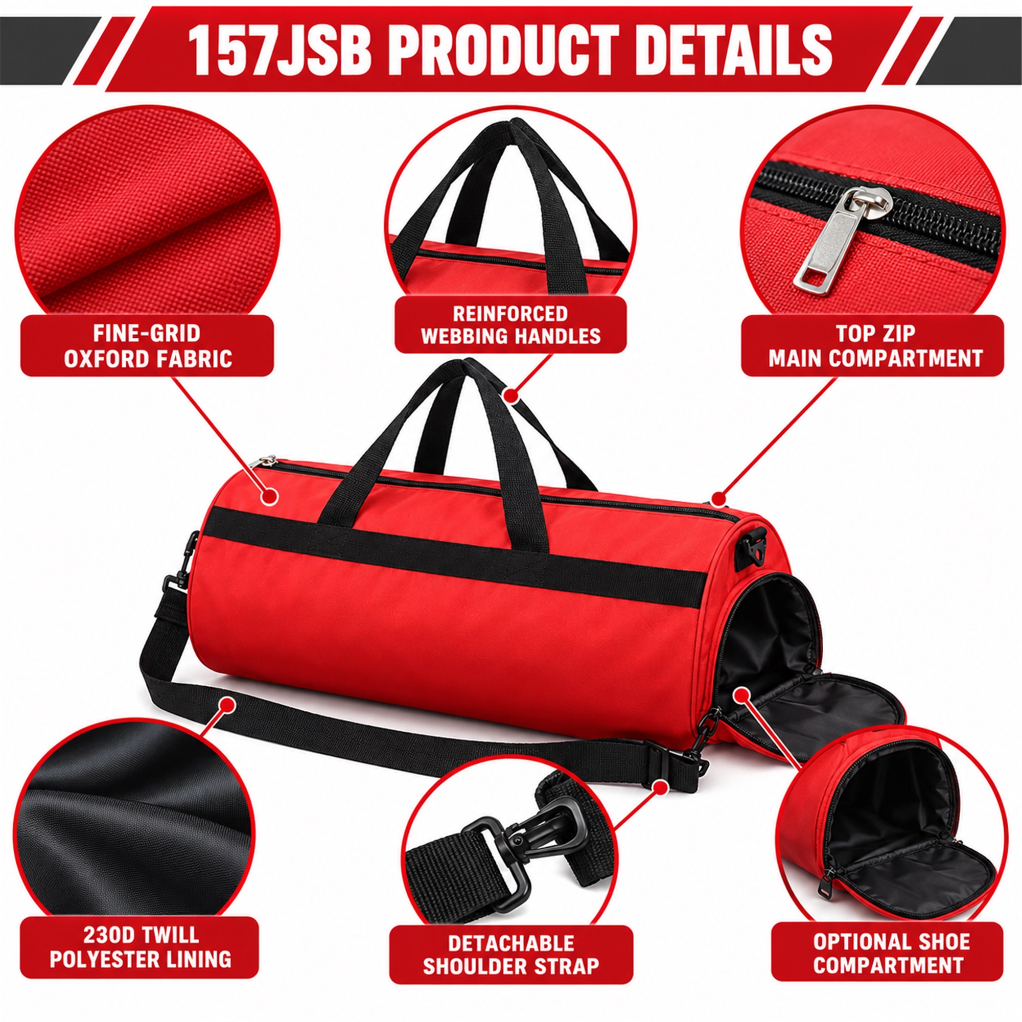 Cylindrical Oxford Sports And Travel Duffel Bag product construction details