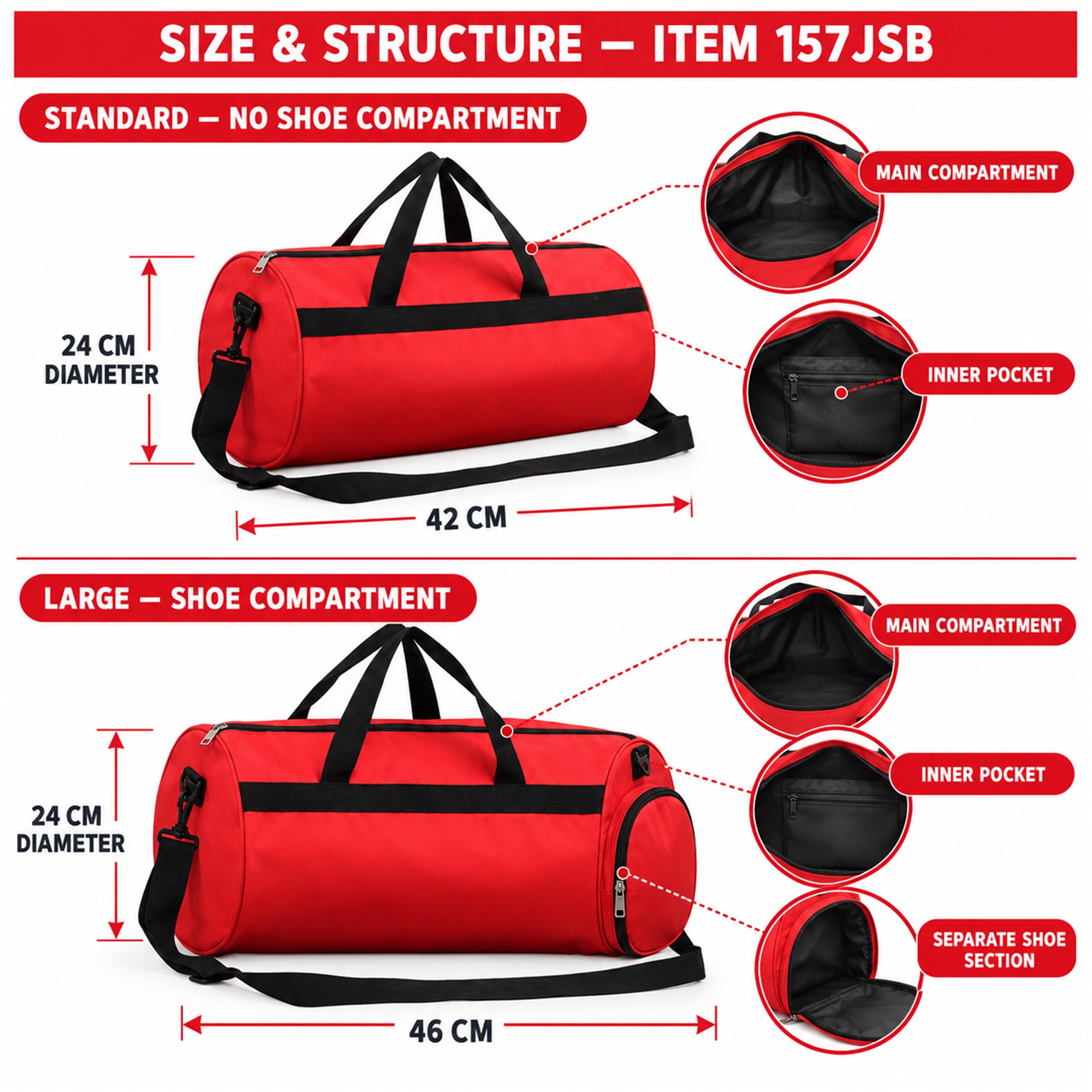 Cylindrical Oxford Sports And Travel Duffel Bag size and structure